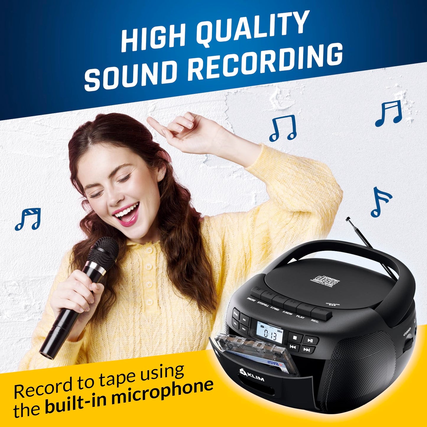 KLIM CD + reproductor de cinta de cassette, Bluetooth CD Boombox, radio AM/FM, sonido estéreo, control remoto, reproductor de CD y cassette, grabación de cinta, unidad USB, AUX