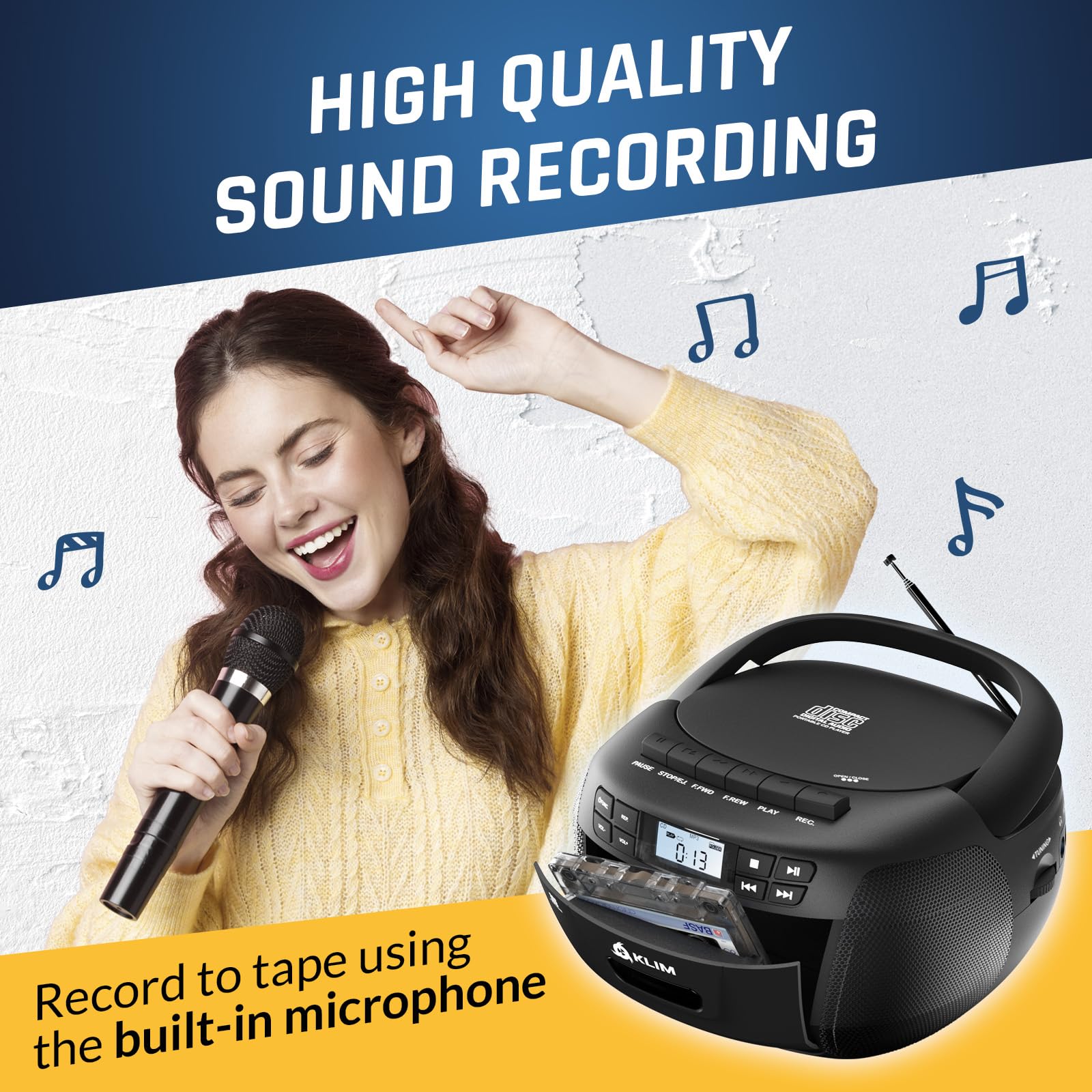 KLIM CD + reproductor de cinta de cassette, Bluetooth CD Boombox, radio AM/FM, sonido estéreo, control remoto, reproductor de CD y cassette, grabación de cinta, unidad USB, AUX