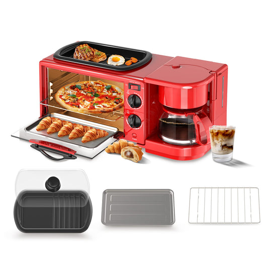 DECAKILA 3 en 1 Estación de Desayuno Horno Tostador Cafetera de 4 Tazas Plancha Todo en Uno con Temporizador de 30 Minutos Rojo KUEV003R