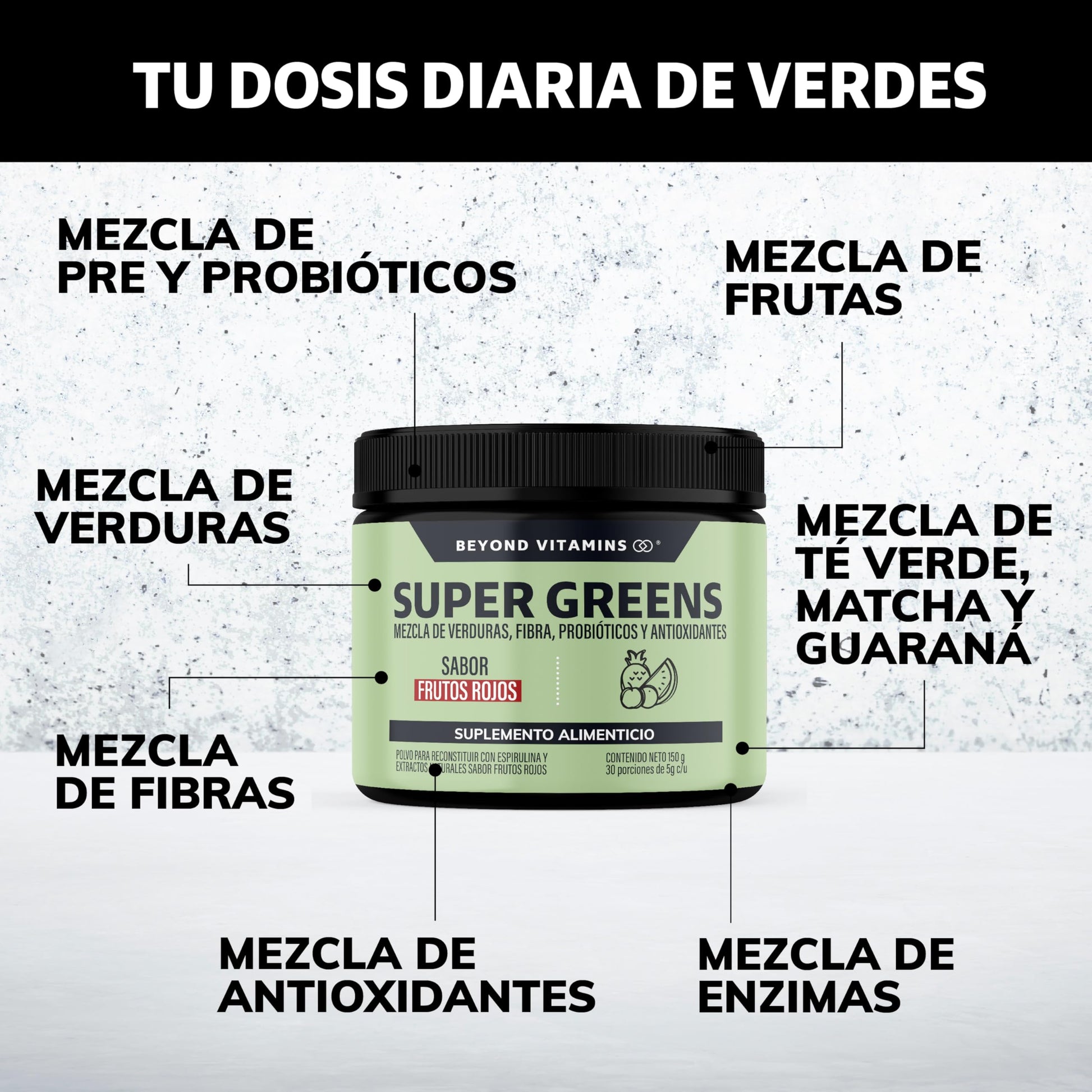 Beyond Vitamins | Super Greens, Jugo Verde en Polvo con Té Matcha, Espirulina, Té Verde, Espinaca, Clorofila, Moringa, Melena de León, Enzimas Digestivas, Probióticos y muchos más | Super Blend Sabor Frutos Rojos | 30 porciones