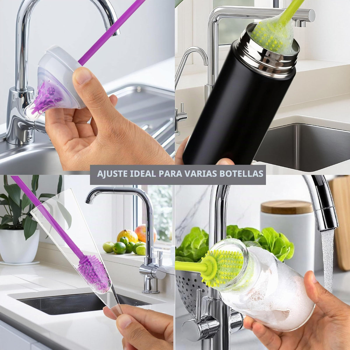 A-Brush - cepillo para polvo limpiador de botellas de silicona, juego de 2 piezas, flexible, mango largo, limpiador de botellas de agua, cepillo para polvo para pezones de biberón para plástico y