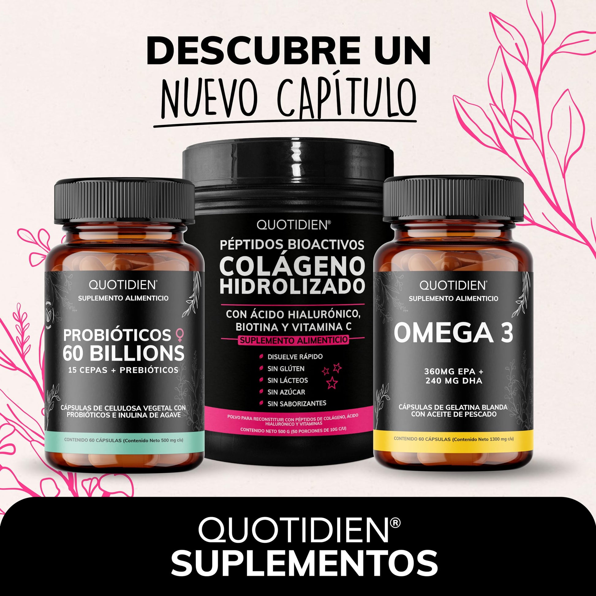 Suplemento Alimenticio Quotidien Péptidos Bioactivos Colageno Hidrolizado de Disolución Rápida Sin Azúcar para Piel y Uñas