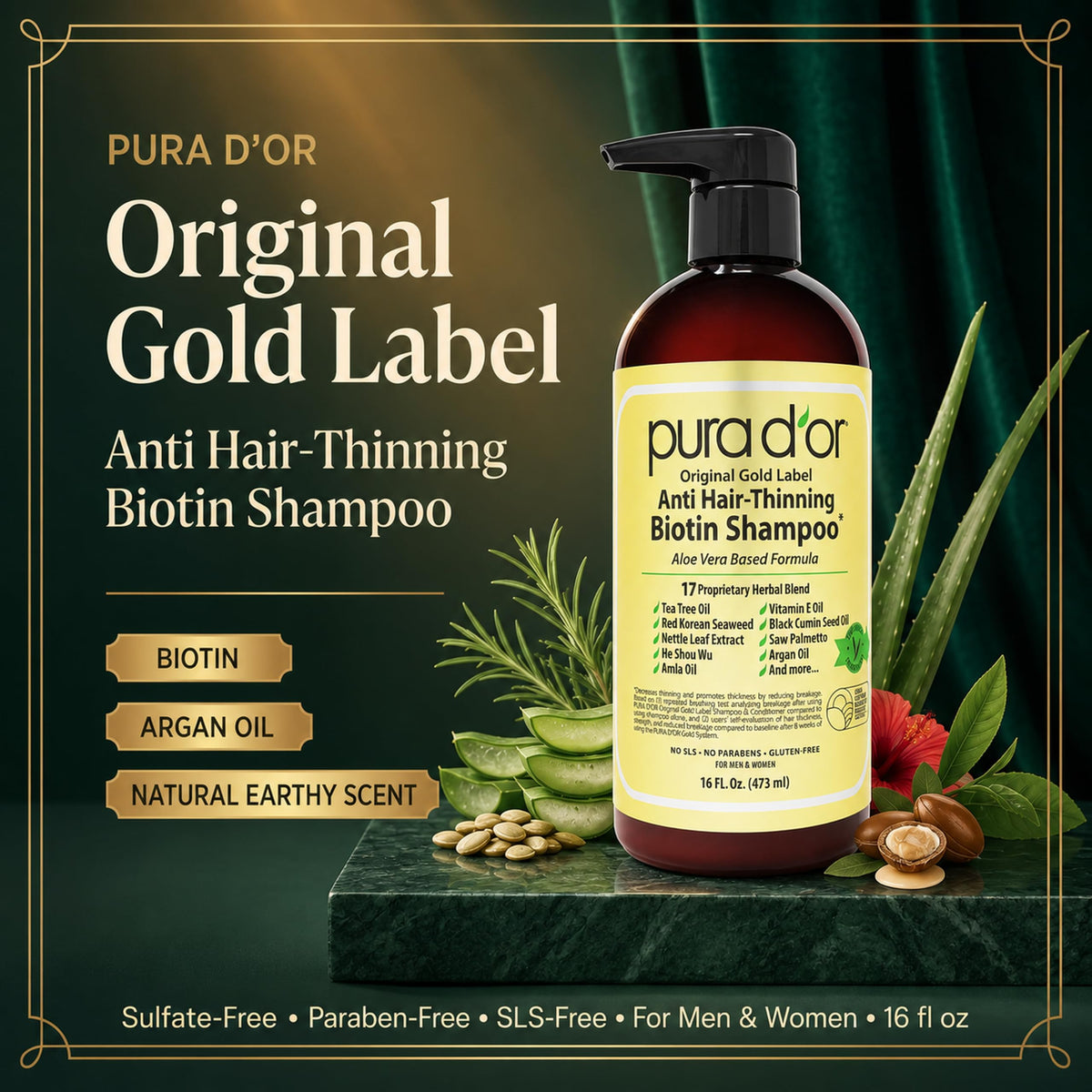 Shampoo PURA D'OR Original Gold Label Argan Oil Biotin Natural para Hombre y Mujer