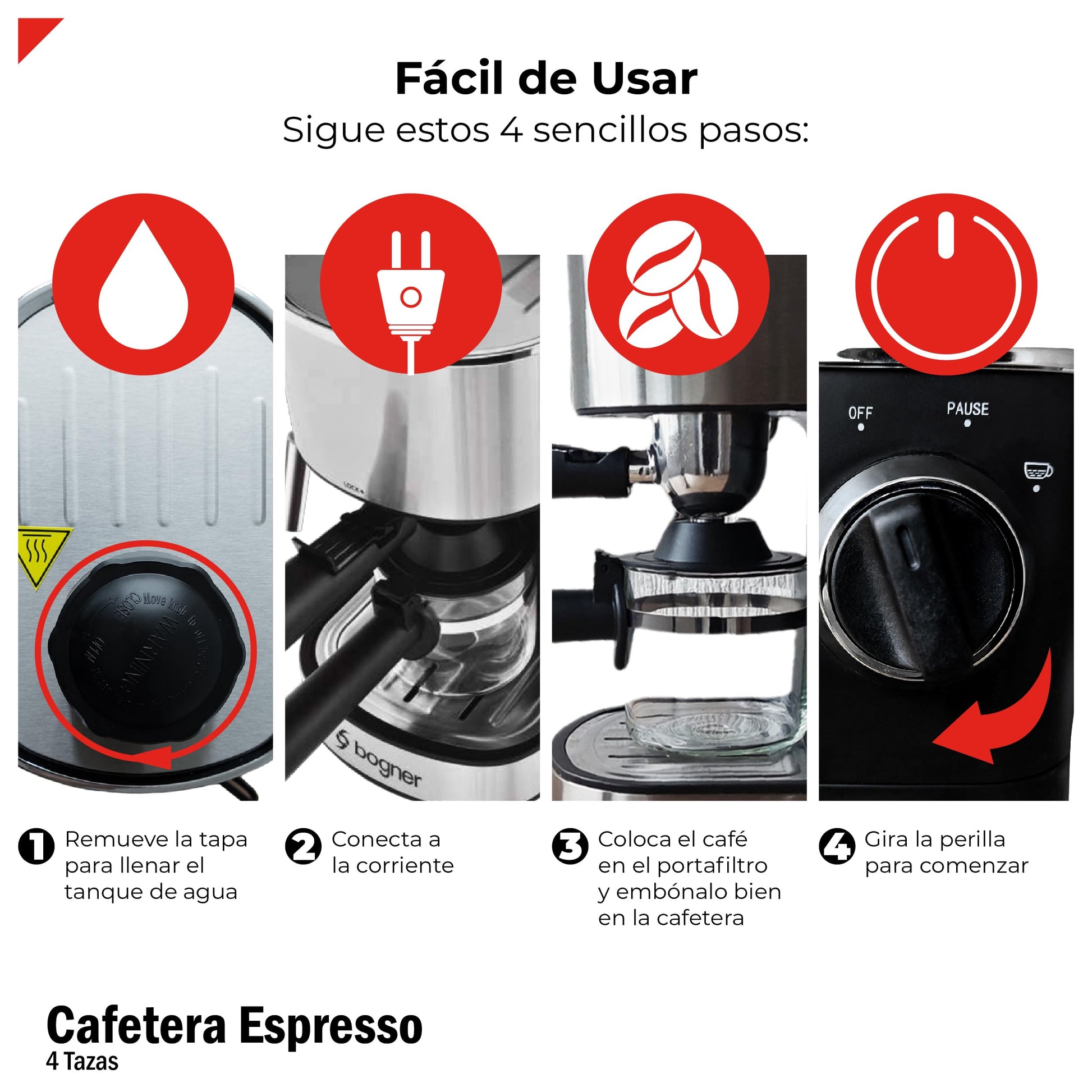 BOGNER- Cafetera espresso capuccino de 4 tazas para café molido BCM35 fabricada en acero inoxidable. Capacidad de tanque 470ml. Diseño moderno con frente ovalada