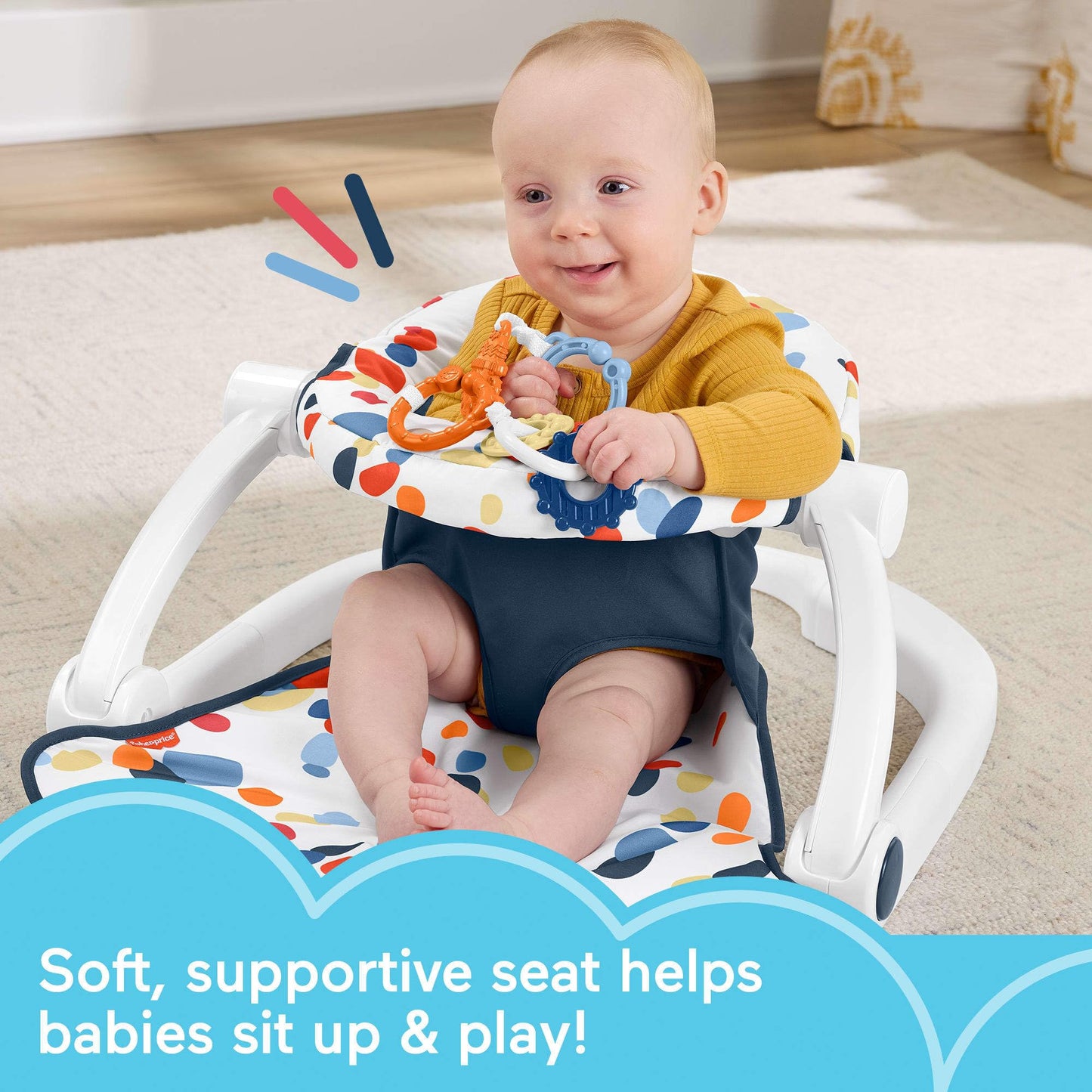 Fisher-Price Silla portátil para bebé, Asiento de Suelo Darling Dots Sit-Me-Up con mordedor y sonajero sin BPA. Juguetes de Desarrollo para recién Nacidos.