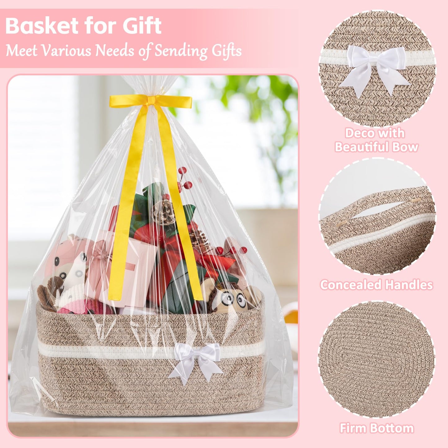 OIAHOMY - Cesta de almacenamiento tejida grande con asas para guardería, estantes de sala de estar, cesta de lazo para regalos vacía con bolsas de regalo y cintas para baby shower, contenedor de