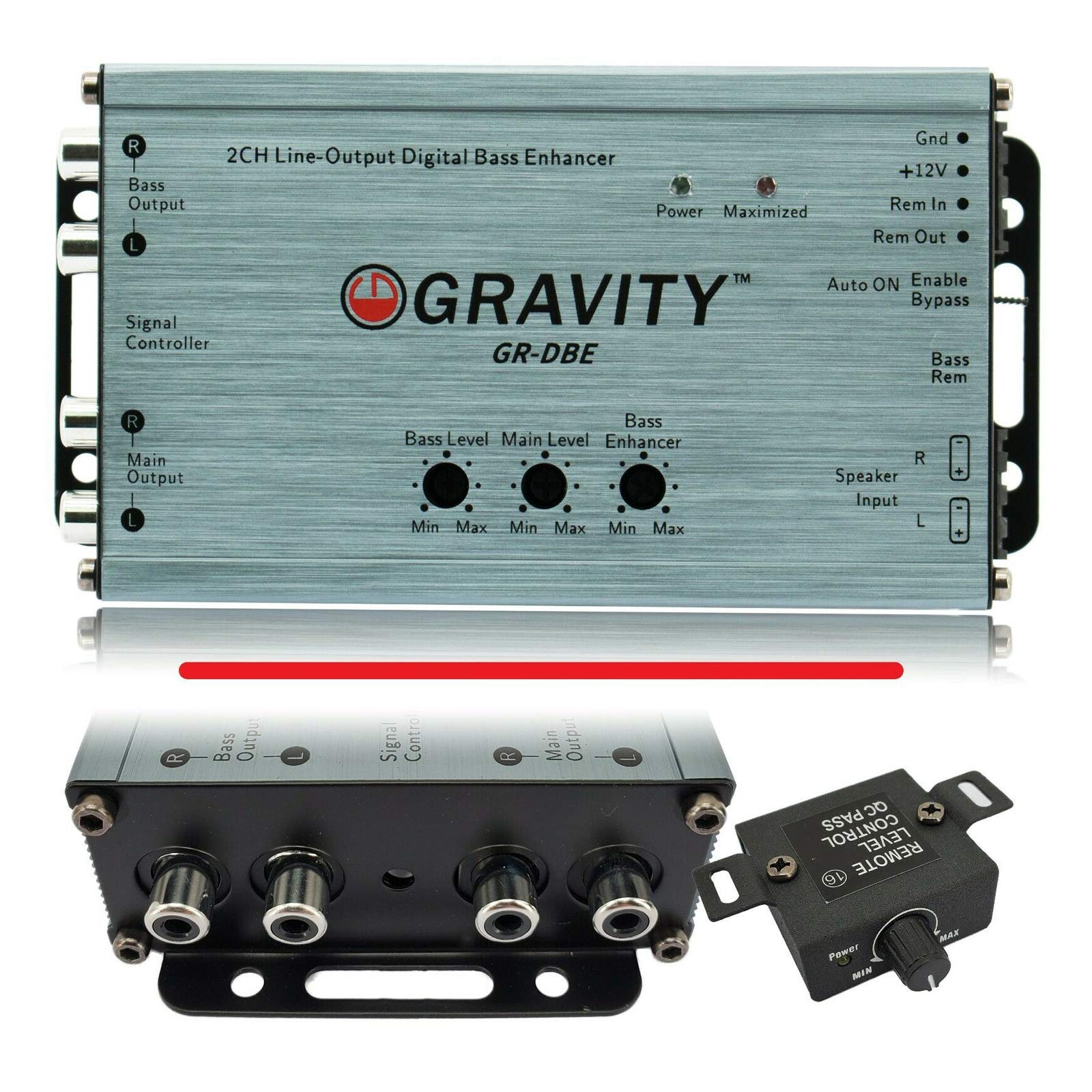 Gravity GR-DBE Convertidor de salida de línea premium de 2 canales con encantador digital de graves con perilla, amplificador dual, salidas de preamplificador de 9.5 voltios/controles de nivel a juego