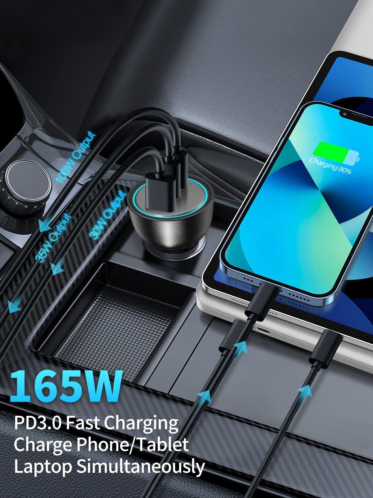 Rocoren Cargador de Coche USB C de 165W, PD3.1 140W/PD3.0 100W QC5/4.0 3 Puertos, Adaptador de teléfono de Coche de Carga súper rápida para iPhone 15/14, Samsung S23, iPad, MacBook Pro/Air, Switch