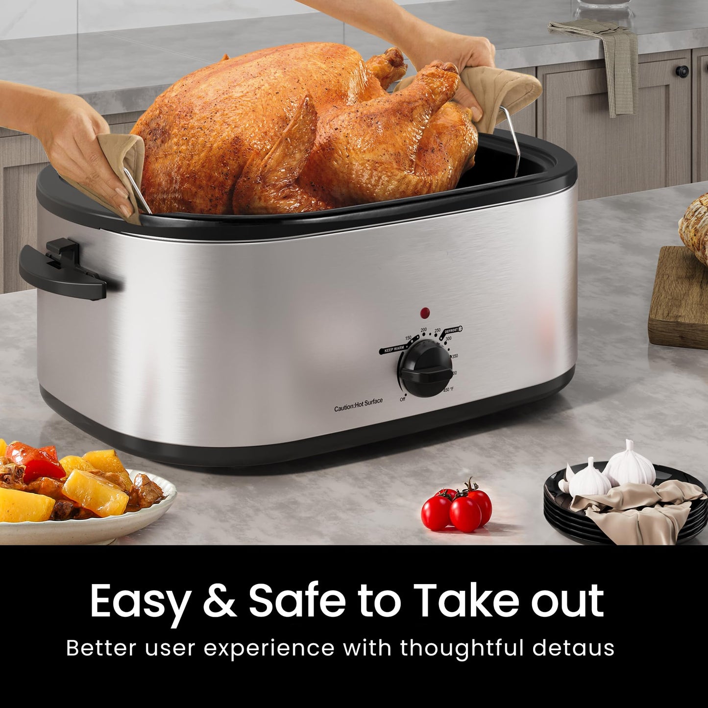 Horno tostador de 18 cuartos con tapa autohilado, horno tostador de pavo con función de descongelación y calor, temperatura ajustable, estante eléctrico extraíble para sartén, acero inoxidable, plata