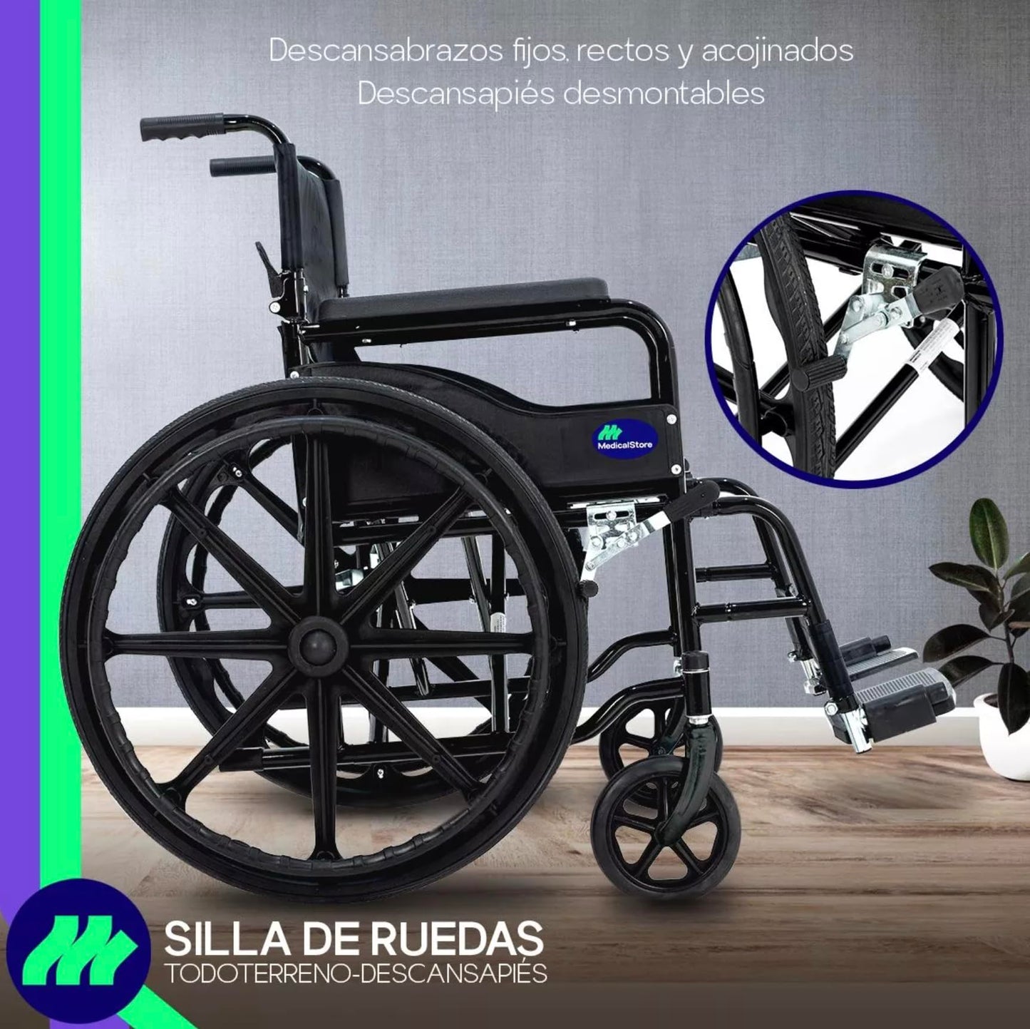 Silla De Ruedas Medical Store Negra Todo Terreno Plegable Con Freno De Mano Adulto Mayor