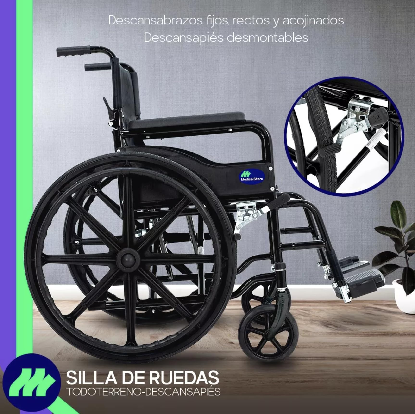 Silla De Ruedas Medical Store Negra Todo Terreno Plegable Con Freno De Mano Adulto Mayor
