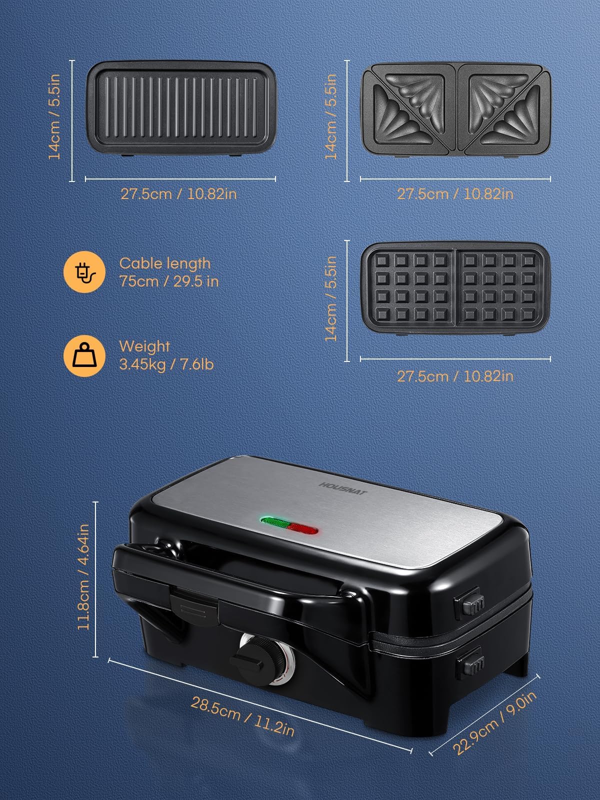 HOUSNAT Sandwichera, waflera 3 en 1 con platos extraíbles, prensa Panini de 1200 W con placas antiadherentes intercambiables, luces indicadoras, control de temperatura de 5 engranajes (negro)