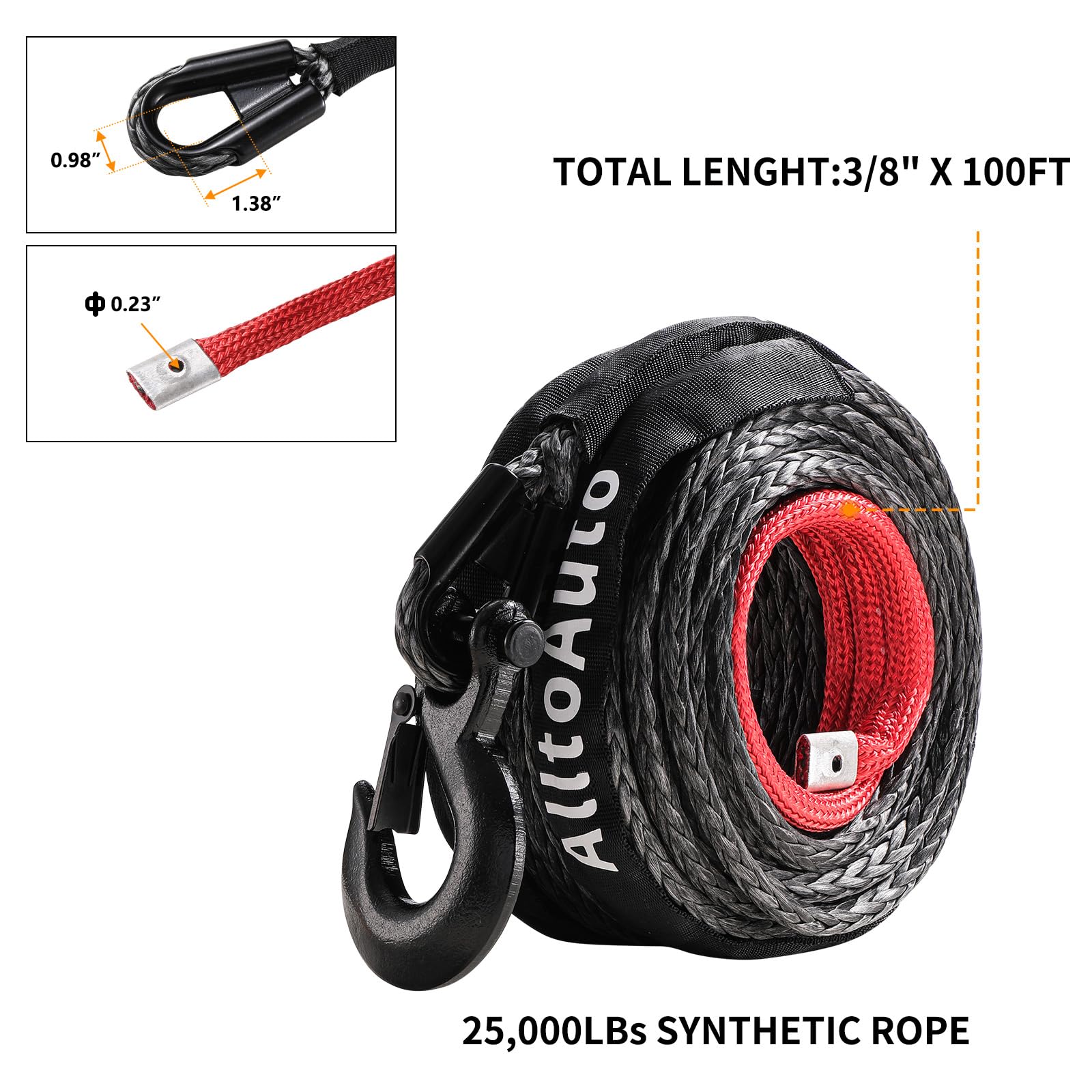 AlltoAuto - Cuerda de cabrestante con gancho, 3/8 pulgadas x 100 pies a 25000 libras Dyneema Cable de línea de cabrestante sintético con funda protectora para camión 4WD, accesorio de cabrestante