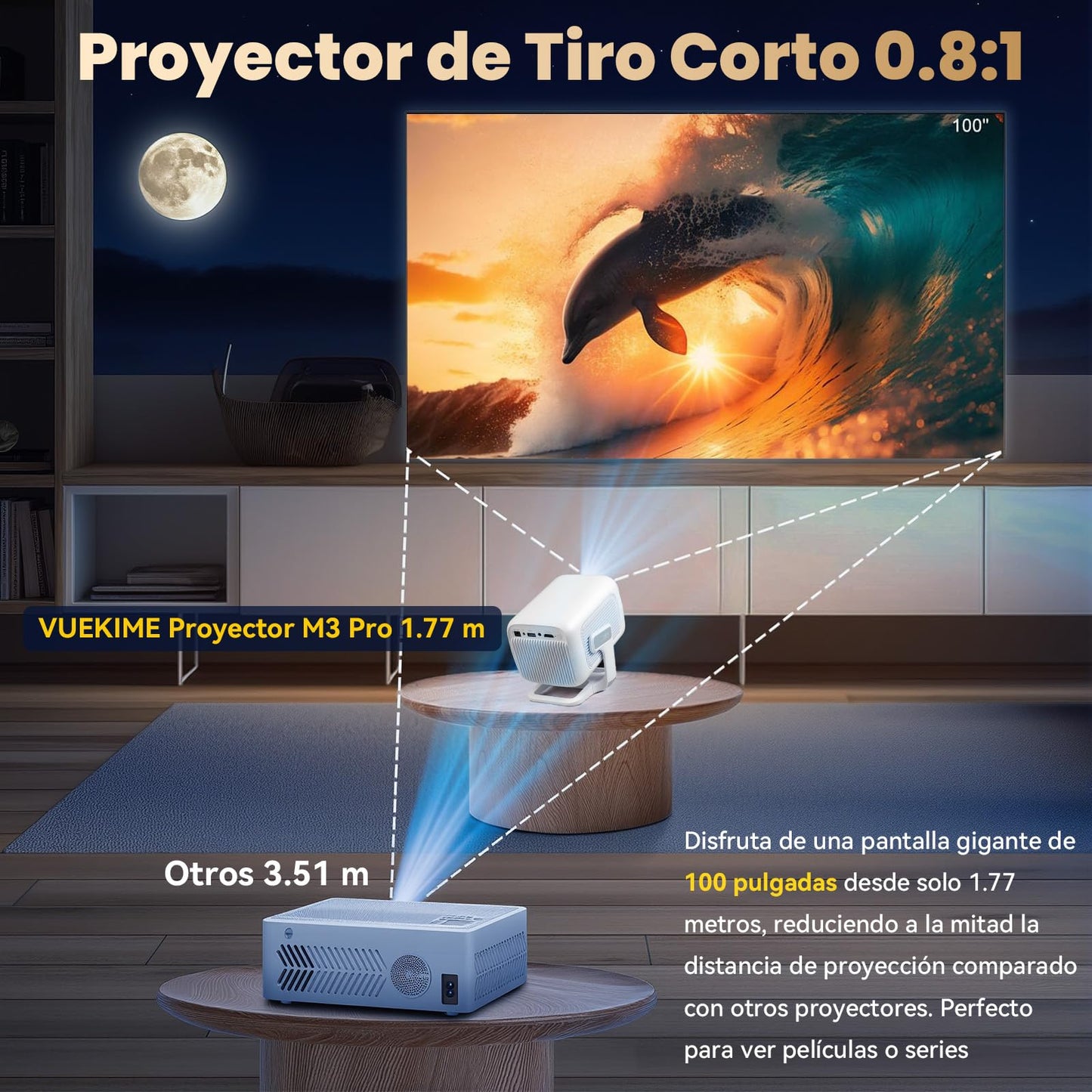 VUEKIME M3 Pro Proyector 4K Portátil, Nativo 1080P(Soporte 4K), 300 Pulgada