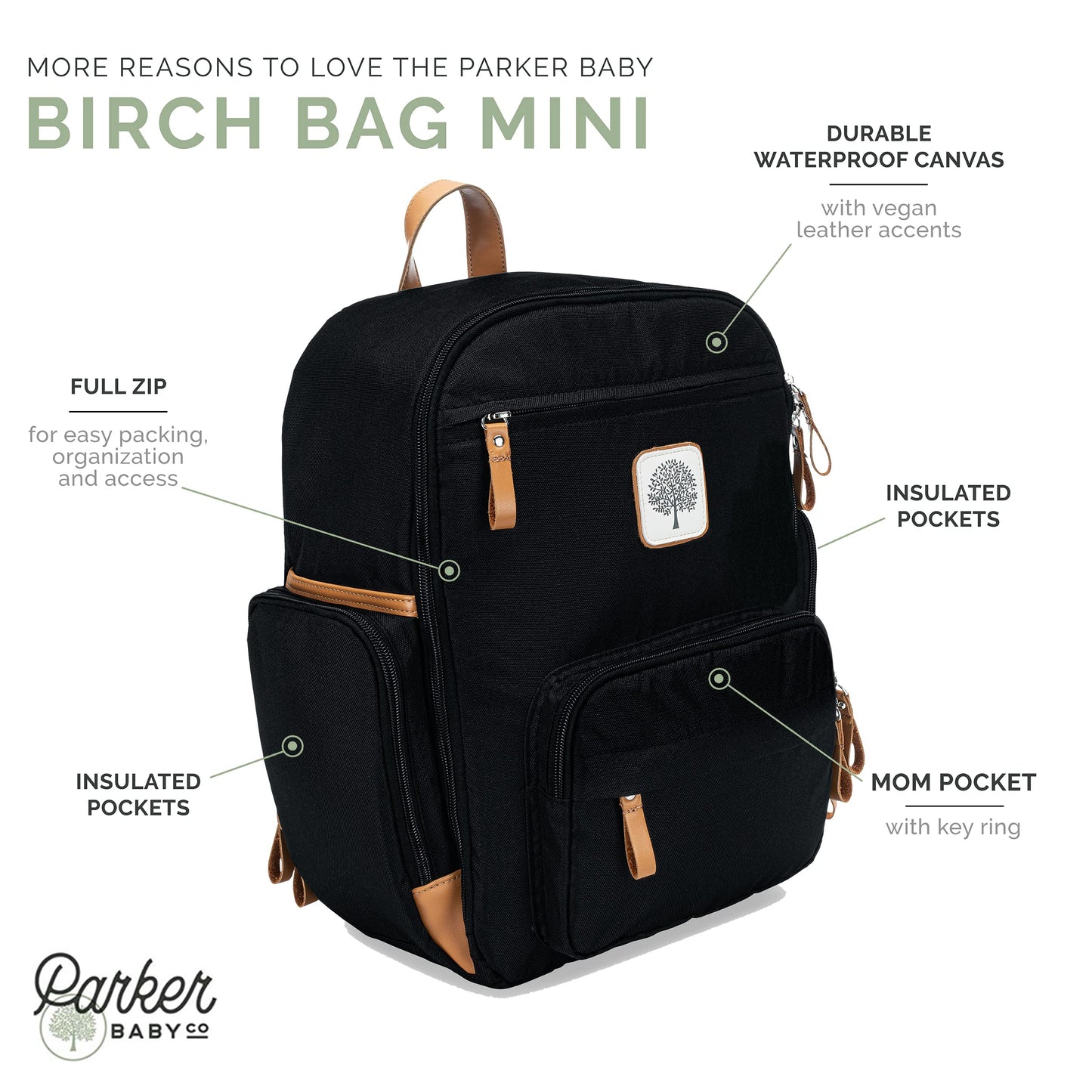 Parker Baby Co. - Mochila Pañalera Unisex Multifuncional con Cierre Completo y Bolsillos Térmicos para Mamá y Papá, Color Negro