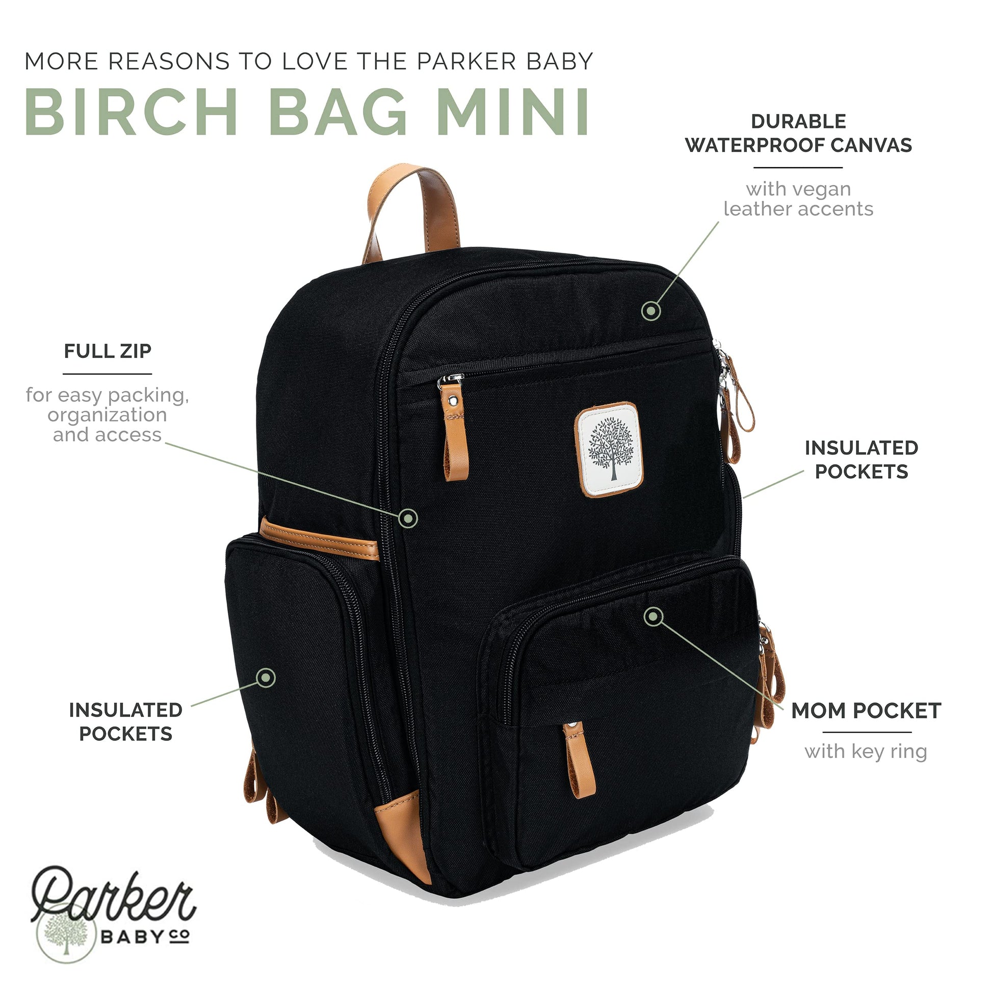 Parker Baby Co. - Mochila Pañalera Unisex Multifuncional con Cierre Completo y Bolsillos Térmicos para Mamá y Papá, Color Negro