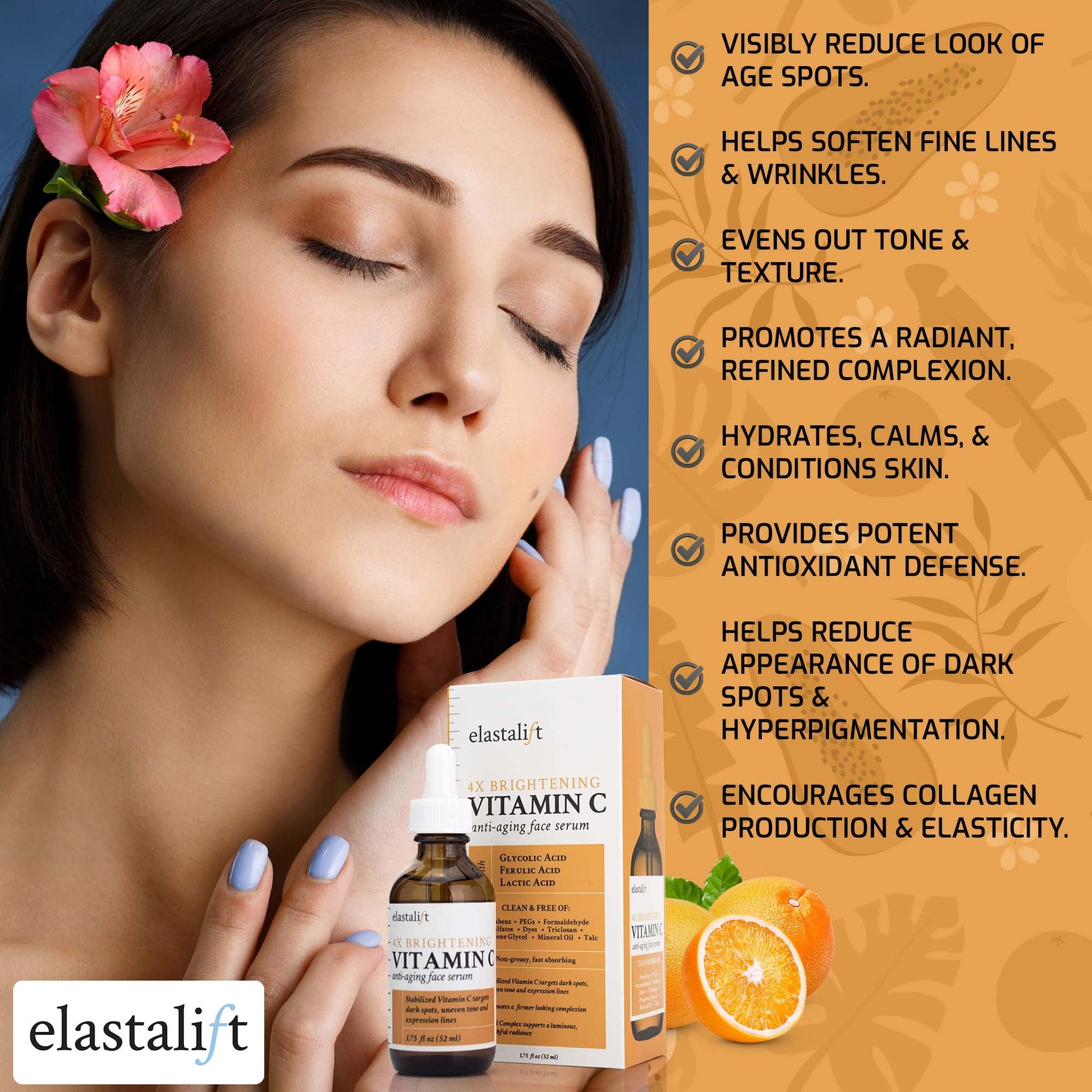 Bonus size 1.75 fl oz Elastalift Vitamin C Serum for Age Spots, Wrinkles, Expression Lines. Anti-Aging Serum w/Vitamin C & Hyaluronic Acid brightens skin & helps promote a healthier skin complexion