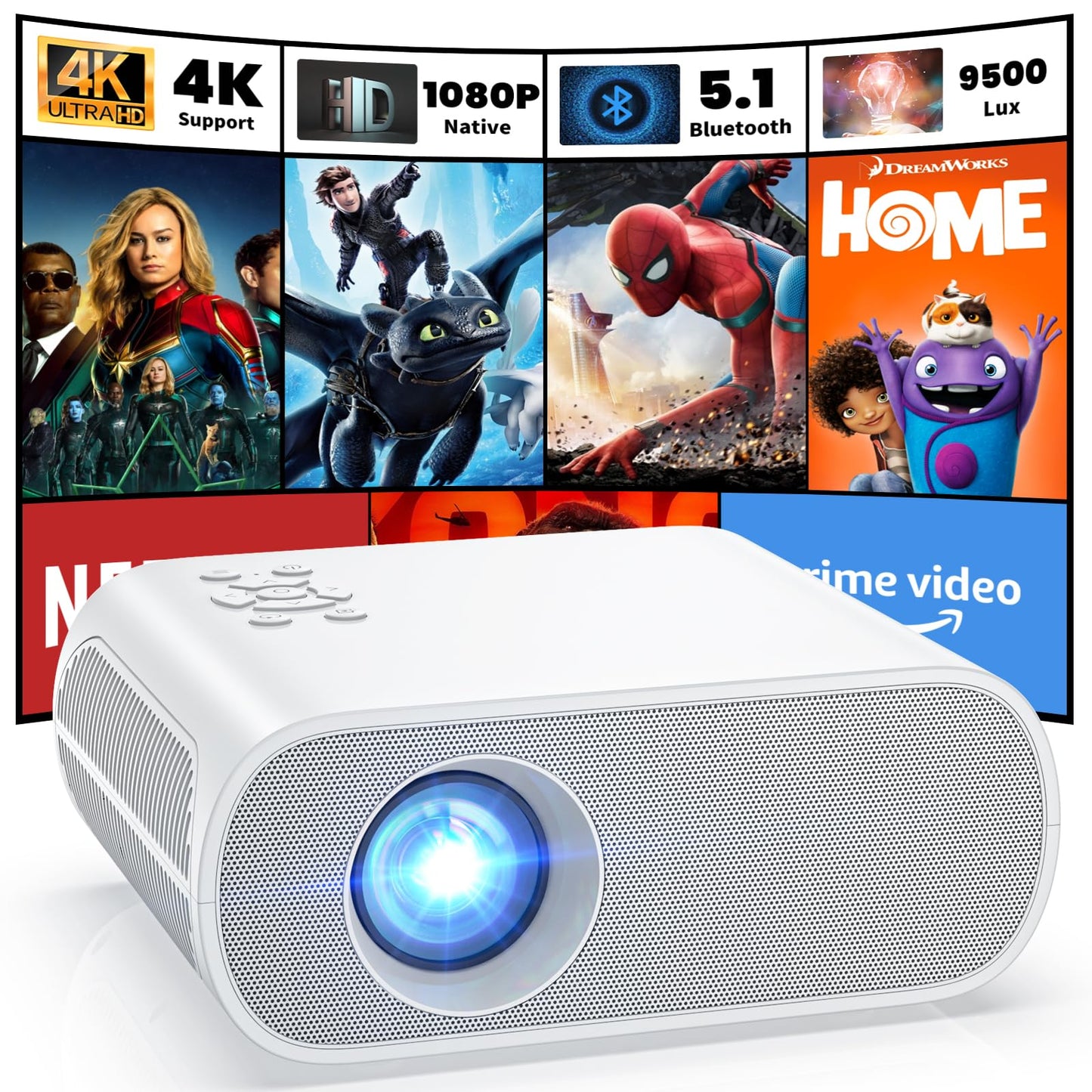 HOMPOW Proyector, proyector Bluetooth 1080P Full HD con altavoz, mini proyector portátil de películas para exteriores, compatible con portátil, smartphone, TV Stick, Xbox, PS5
