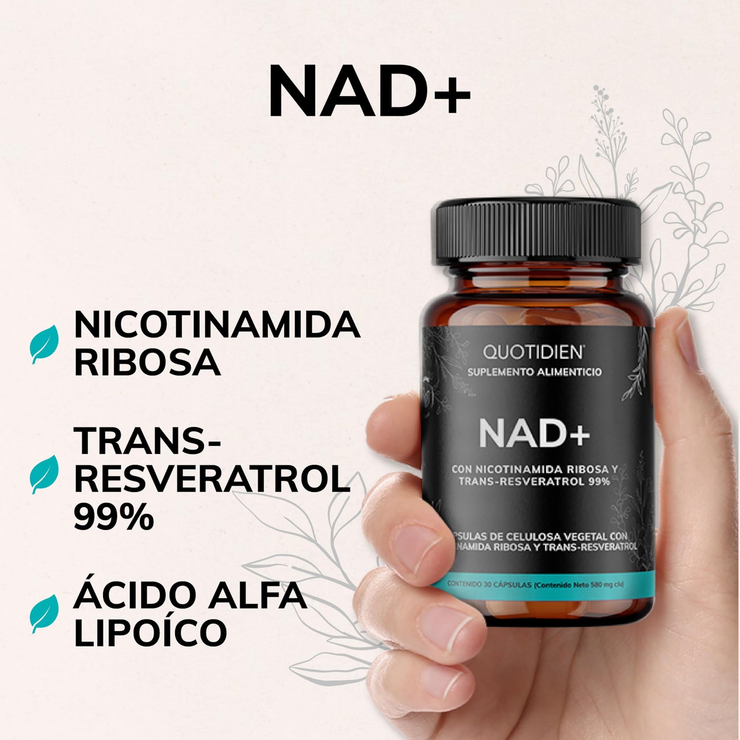 Suplemento NAD+ Quotidien con Nicotinamida Ribosa, Trans-Resveratrol, Ácido Alfa Lipoico y Quercetina