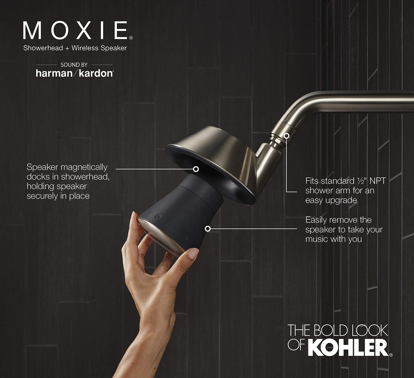 Kohler Moxie - Altavoz inalámbrico Bluetooth impermeable, 1.75 gpm, níquel cepillado