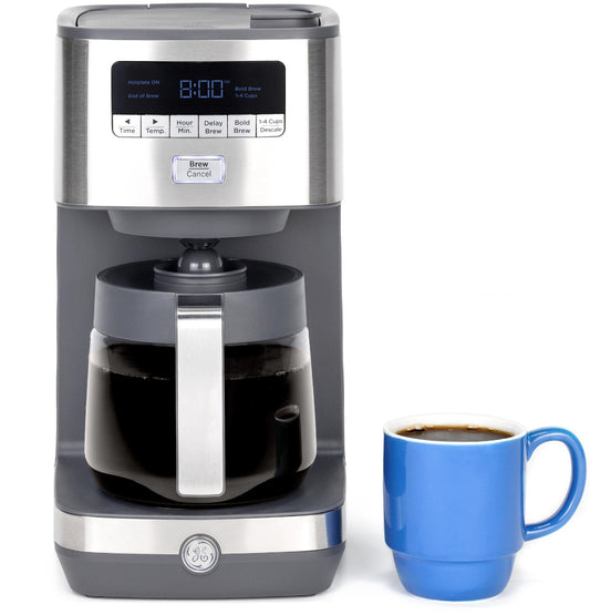 GE - Cafetera de goteo con temporizador, jarra de vidrio de 12 tazas con placa ajustable para mantener el calor, cabezal de ducha ancho para un máximo sabor, esenciales para la cocina, acero inoxidable