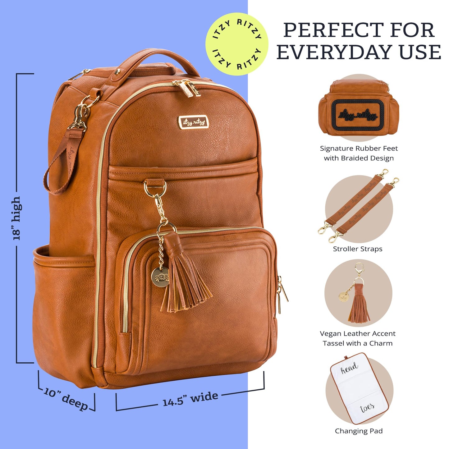 Itzy Ritzy - Mochila para pañales – Mochila de gran capacidad Boss Plus para bebé con 19 bolsillos, cambiador, clips para carriola y correas cómodas (coñac)