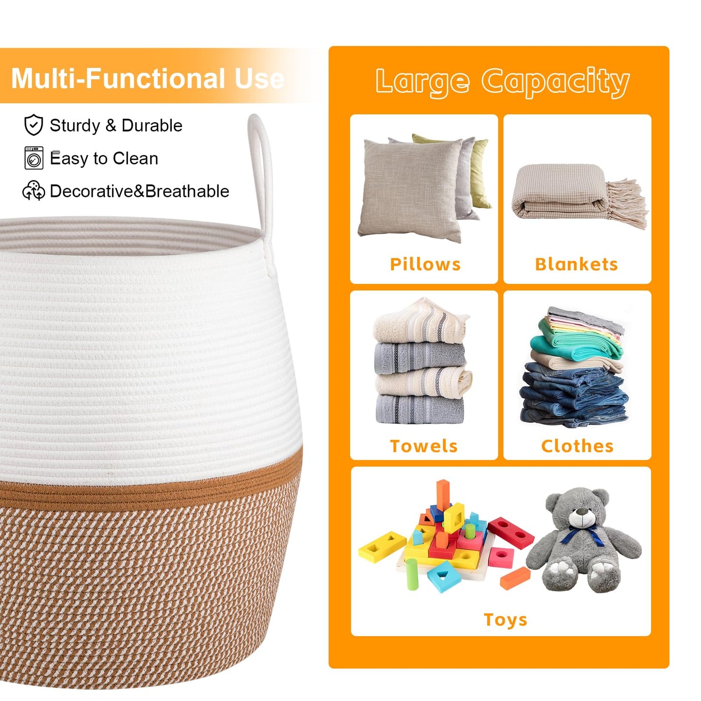 OIAHOMY Cesta para Mantas de 80L con Asa, Cesta de Almacenamiento para Sala de Estar, Cesta de Lavandería para Ropa, Toallas, Almohadas, Almacenamiento de Juguetes para Niños y Perros, Cesta de Bebé