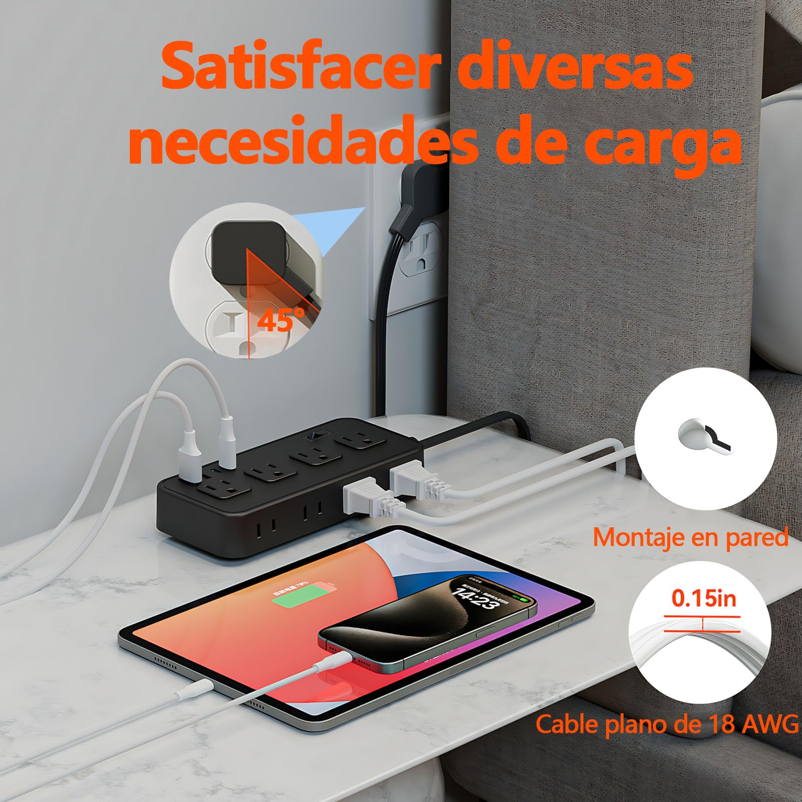 Multicontacto SSOUILI Blanco 12 en 1 con Protector de Sobretensión y Extensión Plana de 1.5M para Oficina en Casa