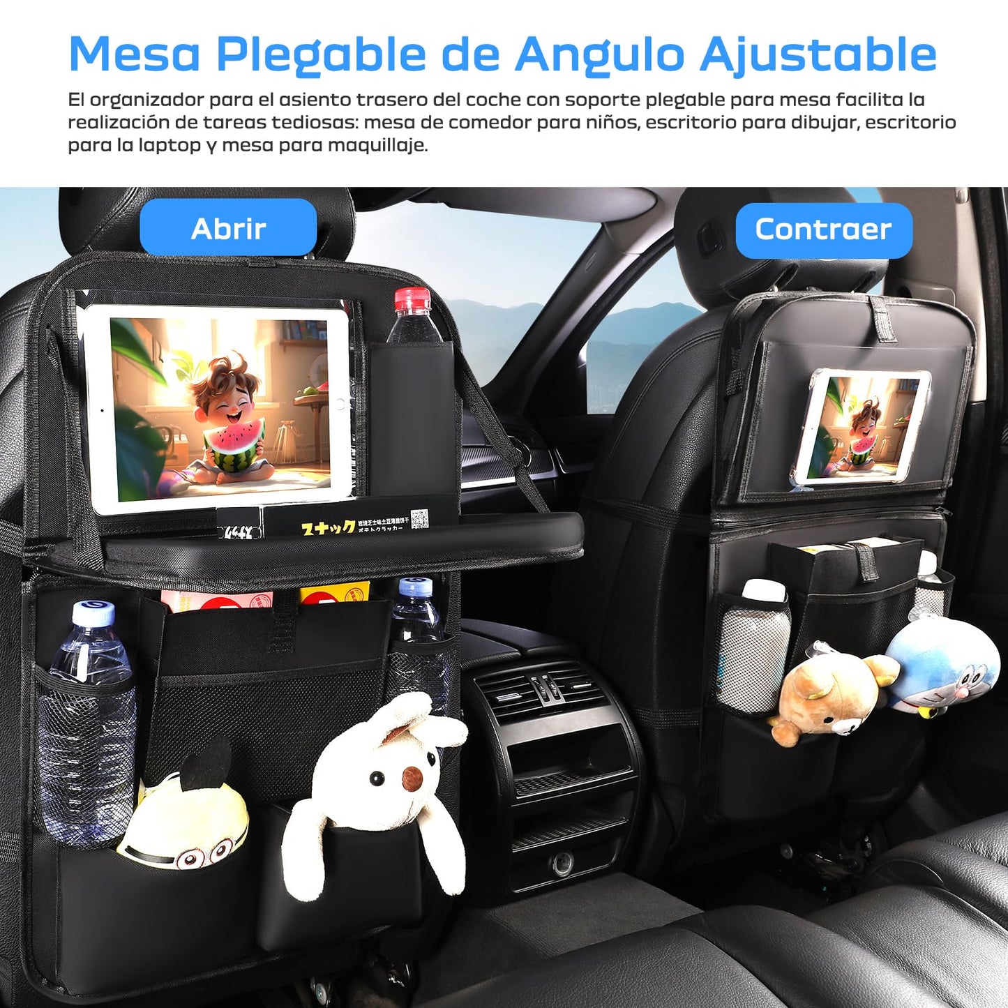 Organizador Asiento Trasero Auto con Bandeja, Bolsa de Almacenamiento para Asiento de Coche para Niños, Protector para Asiento Trasero Coche, Artículos Esenciales para Viajes Familiares por Carretera