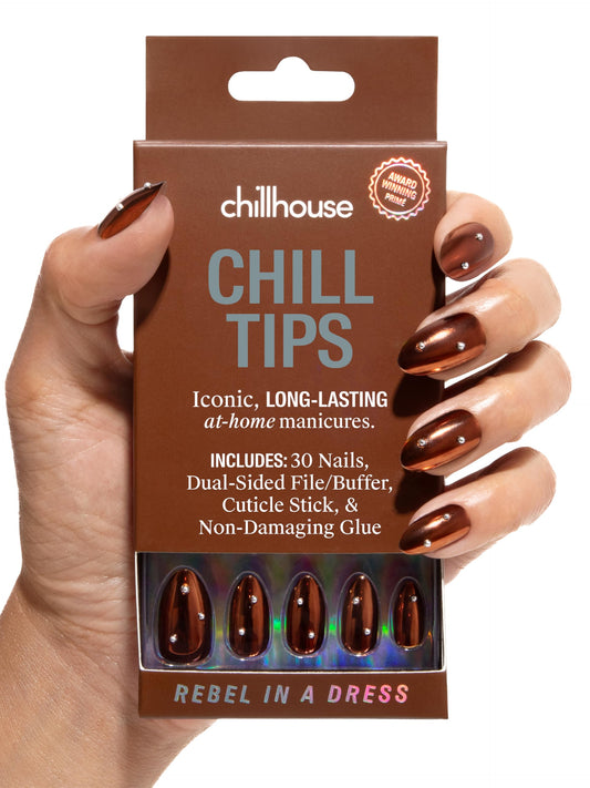 Chillhouse - Kit de Uñas Chill Tips Press on - Rebel in a Dress (Almendra) - 30 Formas y Tamaños de Uñas - Hasta 2 Semanas de Uso - Ajuste Personalizable - Reutilizable - Fundado por Latinas, Propieda