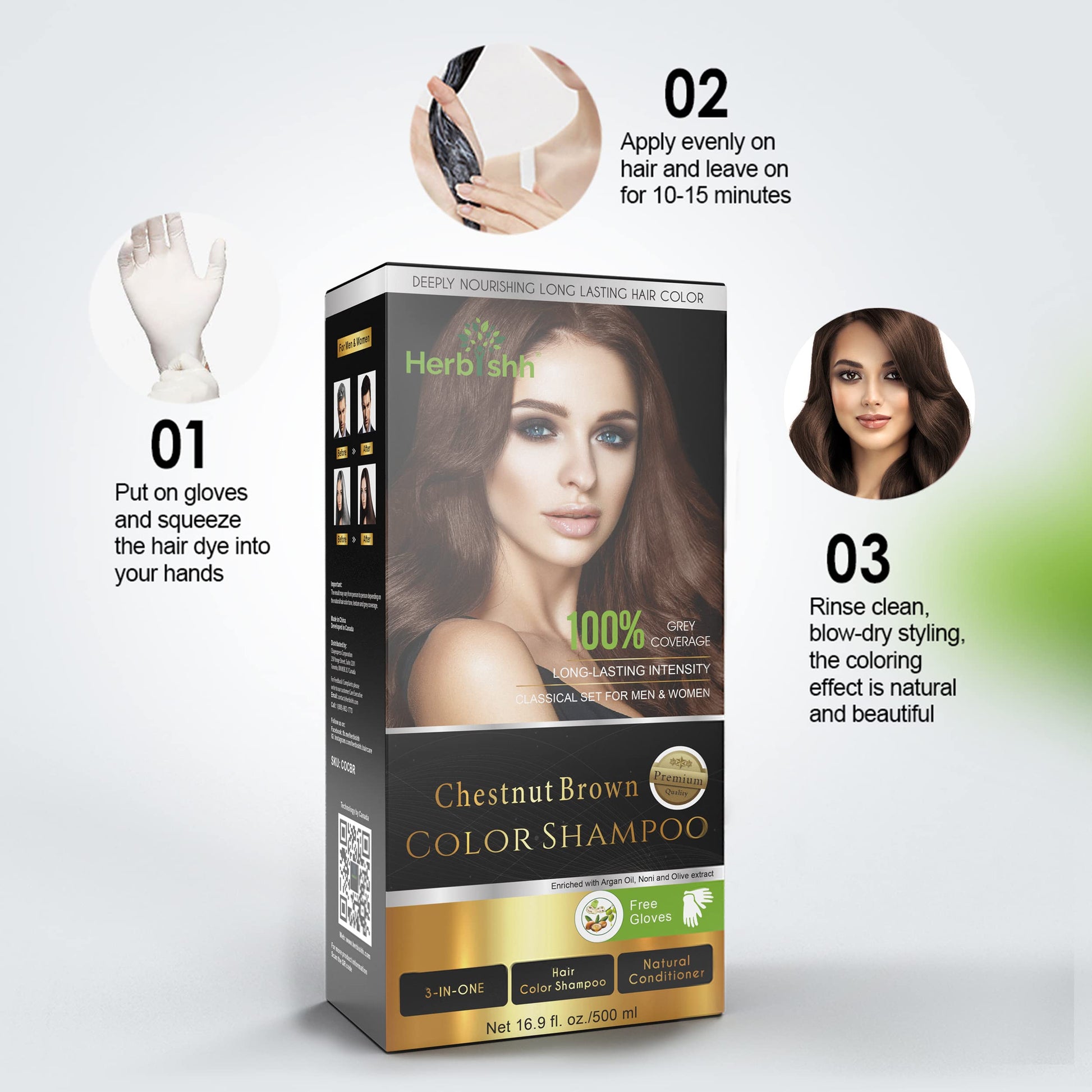 Herbishh - Champú colorante para cabello gris, champú con tinte natural para el cabello, colorea el cabello en minutos, dura hasta de 3 a 4 semanas, 500 ml, tinte de cabello 3 en 1, sin amoniaco | (marrón castaño)