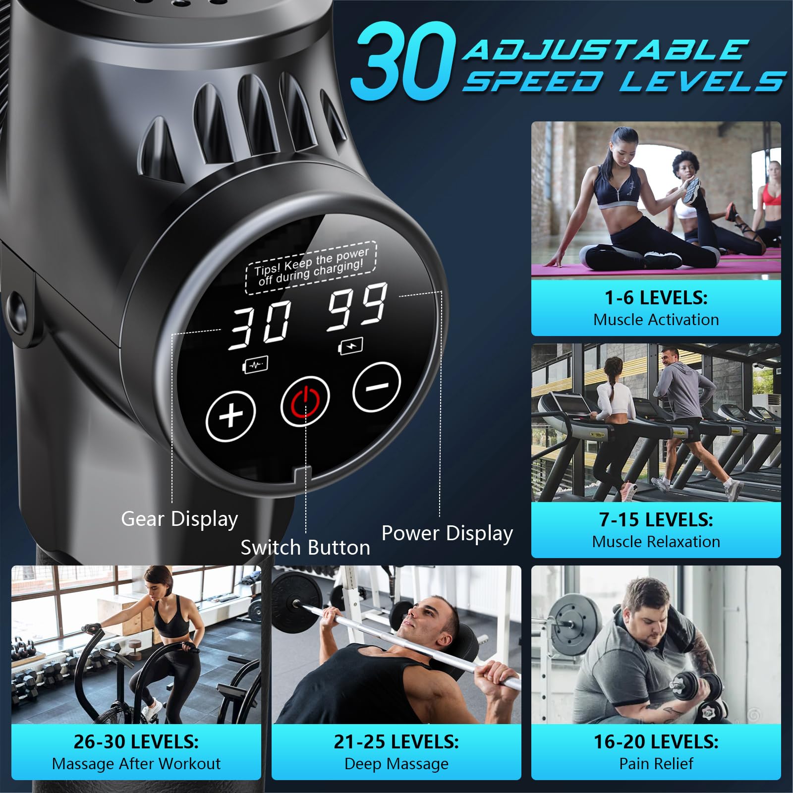 Pistola de Masaje Muscular, Masaje Eléctrico de Mano con 8 Cabezales y 30 Velocidades Ajustables, Masajeador Muscular de Tejido Profundo para Aliviar el Dolor, Dispositivo de Masaje Masajeadores Eléctricos Ideal para Músculos, Hombros, Cuello, Espalda, Pi