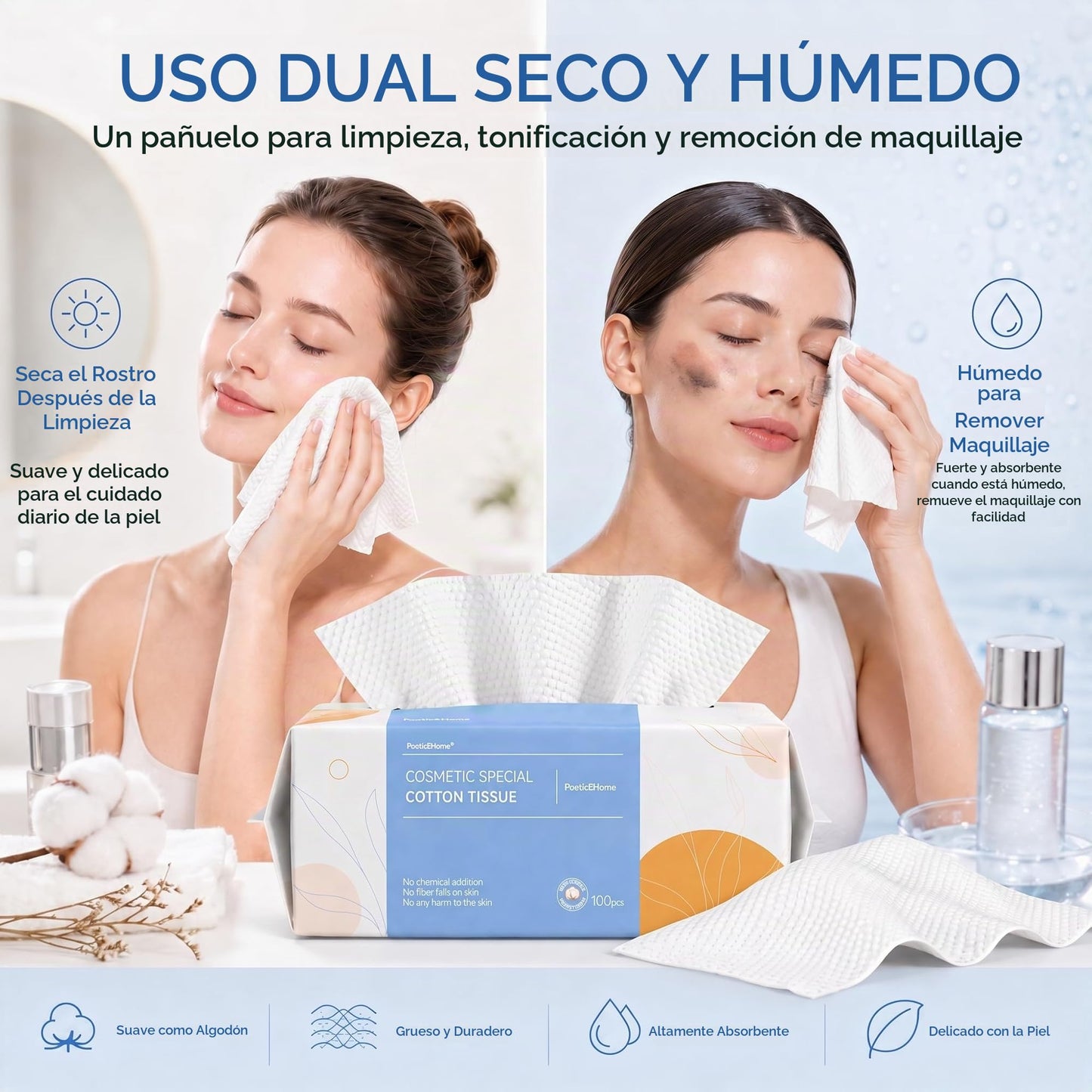 PoeticEHome Paquete de 6 toallitas suaves en seco, 100% algodón, toallas de limpieza facial sin pelusas, desechables, extra gruesas, uso seco y húmedo para piel sensible, eliminación de maquillaje, limpieza de superficies (600 unidades)