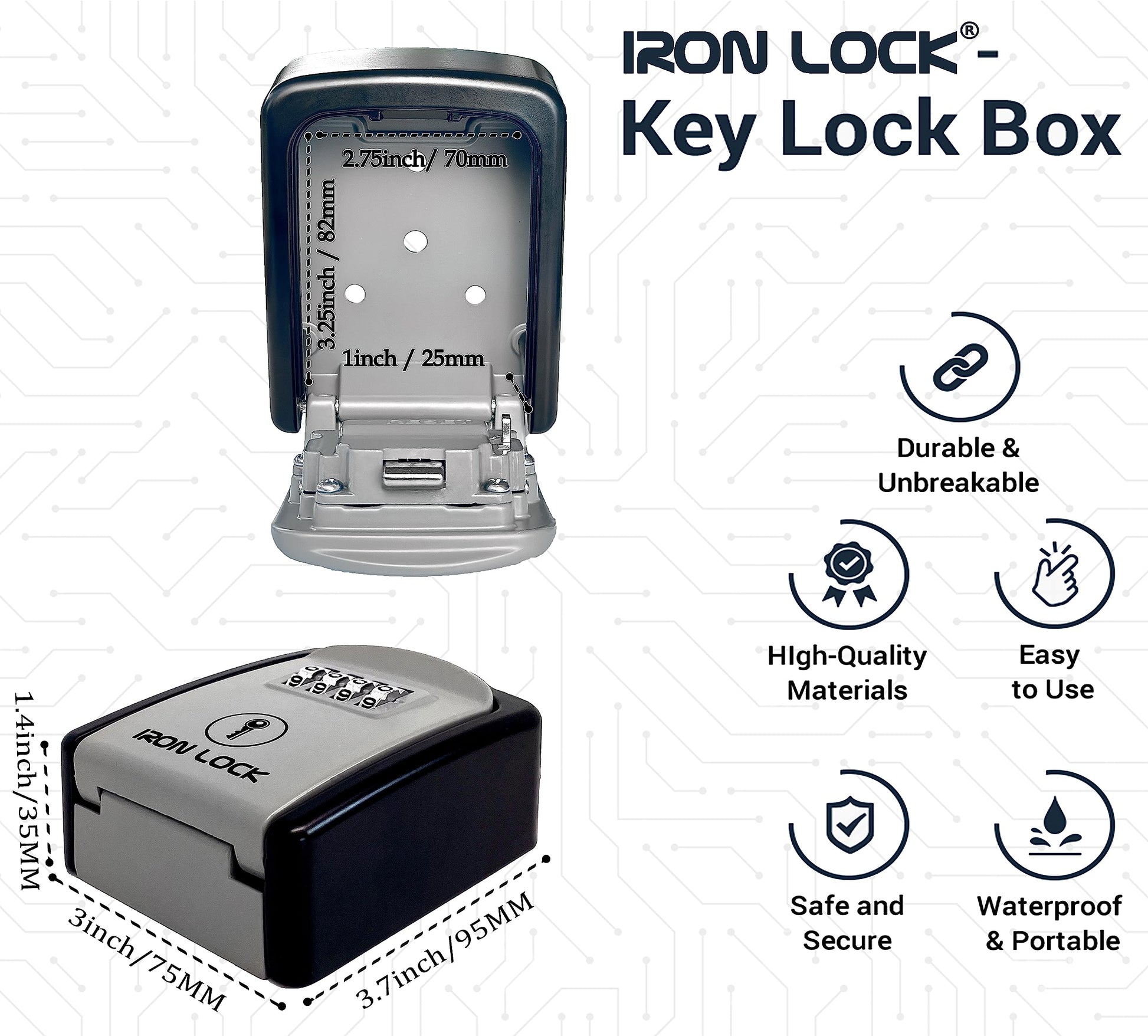 Iron Lock® - Caja de bloqueo para llave de pared con combinación de 4 dígitos, código reiniciable, interruptor A B y capacidad de 5 llaves, caja de seguridad impermeable para interiores y exteriores