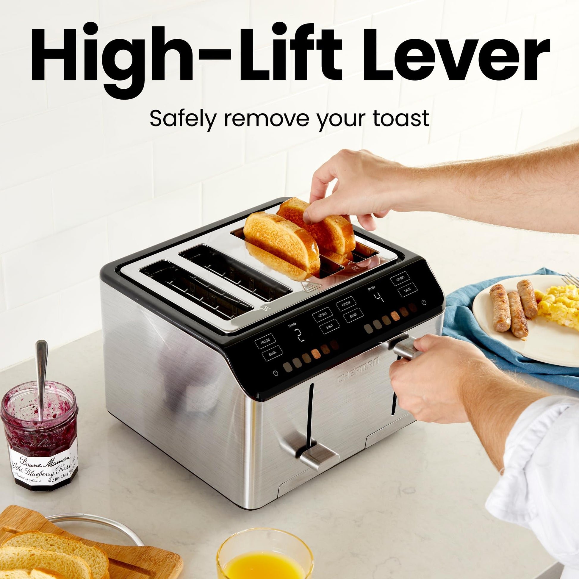 Chefman tostador digital Smart Touch de 4 rebanadas, 6 ajustes de sombra, tostador de bagel con visualización táctil, 4 rebanadas con ranuras extra anchas, + 10 segundos, descongelación, bandeja