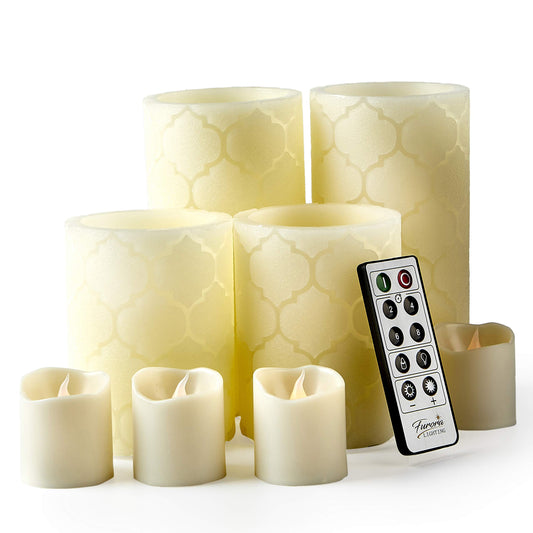 Furora Lighting - Velas LED de cera real, control remoto y temporizador, paquete de 8 (4 pilares y 4 votivas), velas sin llama con parpadeo para decorar el hogar, incluye pilas, marfil, (Ivory Nordic)