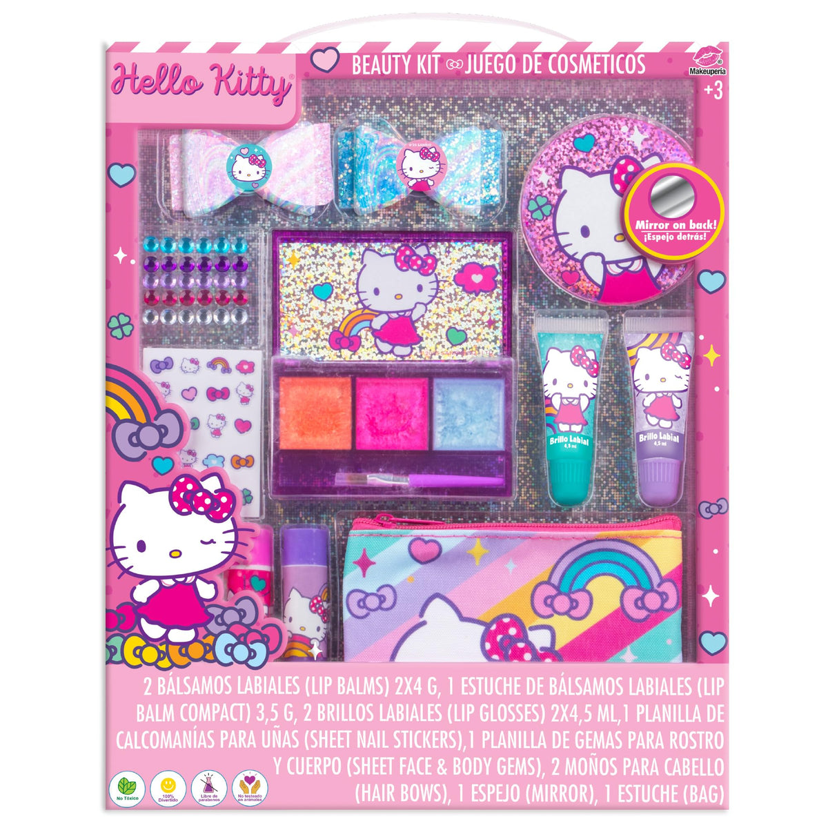MAKEUPERIA Maquillaje para Niñas de Hello Kitty, Set de Maquillaje Infantil Lavable con Bálsamos, Brillos, Paleta con Brocha, Clips, Espejo y Bolsa de PVC, Regalo Seguro y Adorable