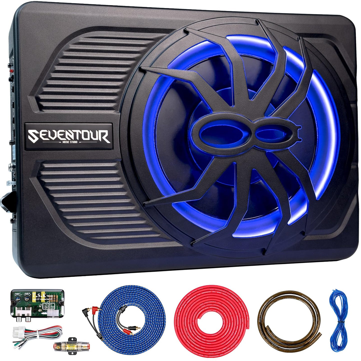 Seventour Subwoofer delgado de 10 pulgadas y 800 W para debajo del asiento, subamplificador de audio integrado para coche/camión, nueva actualización con luz ambiental LED azul