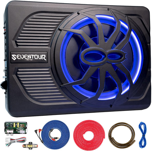 Seventour Subwoofer delgado de 10 pulgadas y 800 W para debajo del asiento, subamplificador de audio integrado para coche/camión, nueva actualización con luz ambiental LED azul