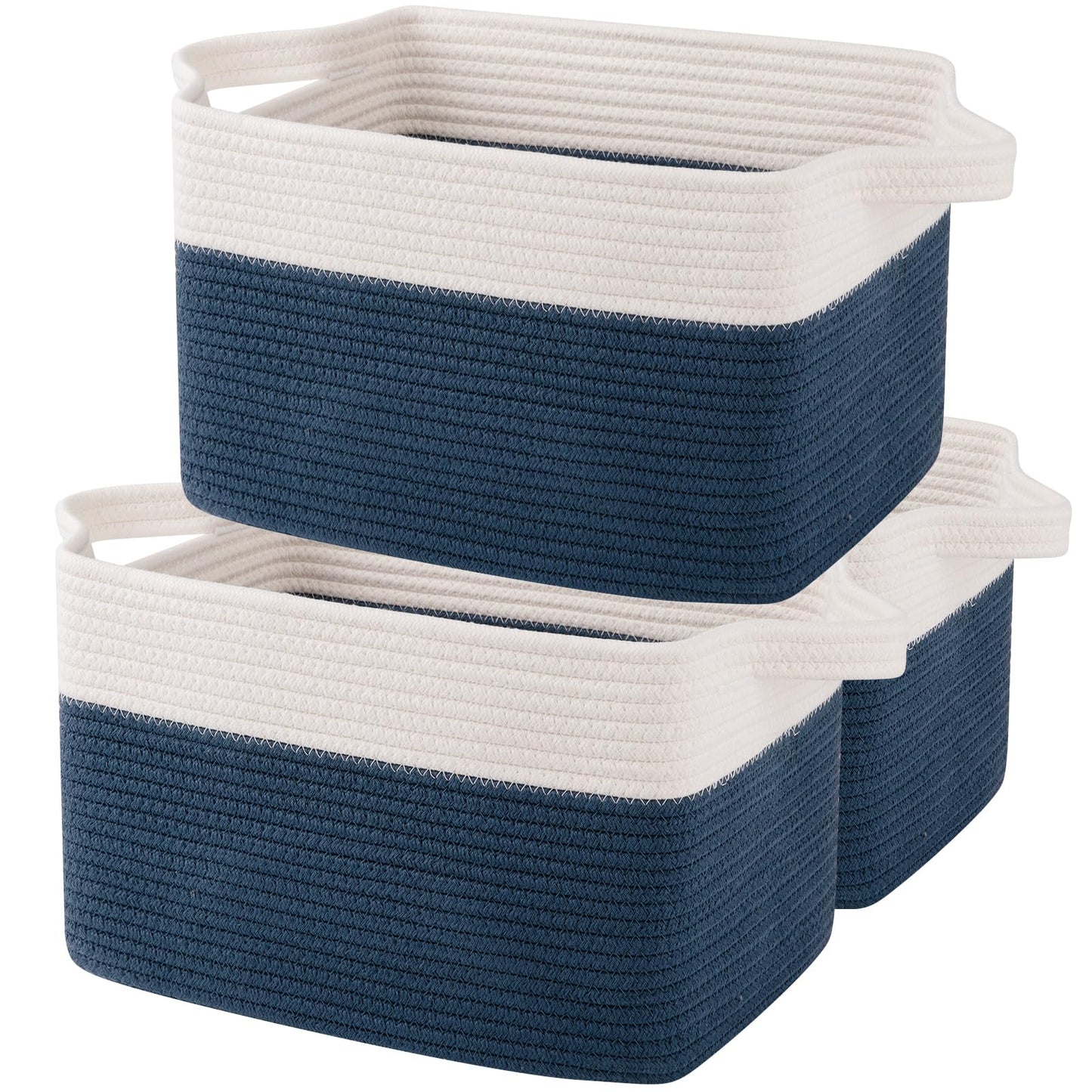 OIAHOMY Cesta de almacenamiento, cestas tejidas para almacenamiento, cesta de cuerda de algodón para juguetes, cestas de toalla para baño, paquete de 3, azul y blanco