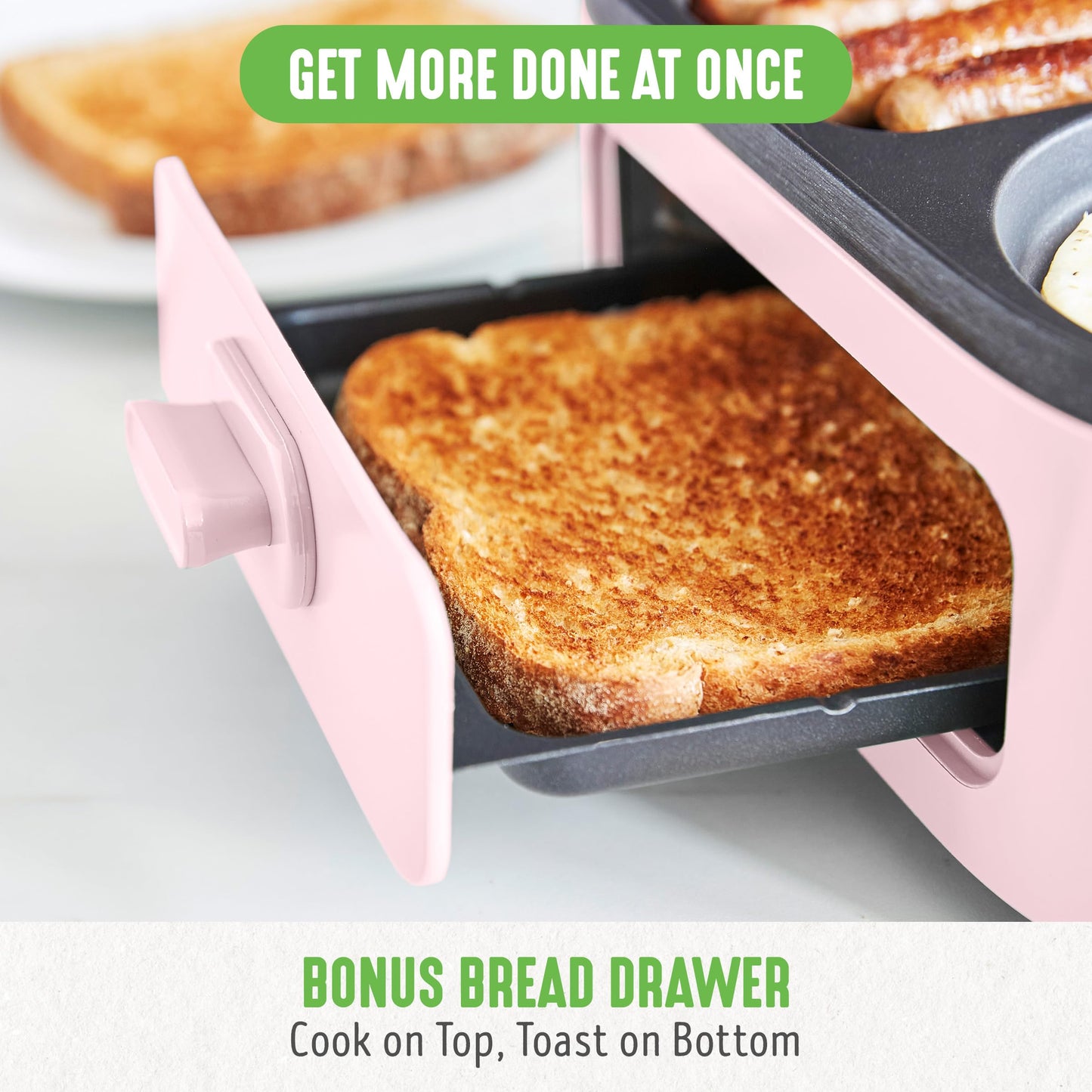 GreenLife - Estación de desayuno 3 en 1, cerámica antiadherente doble plancha para huevos, carne, panqueques y sándwiches + cajón de tostadas de 2 rebanadas, cocina saludable, temporizador, versátil
