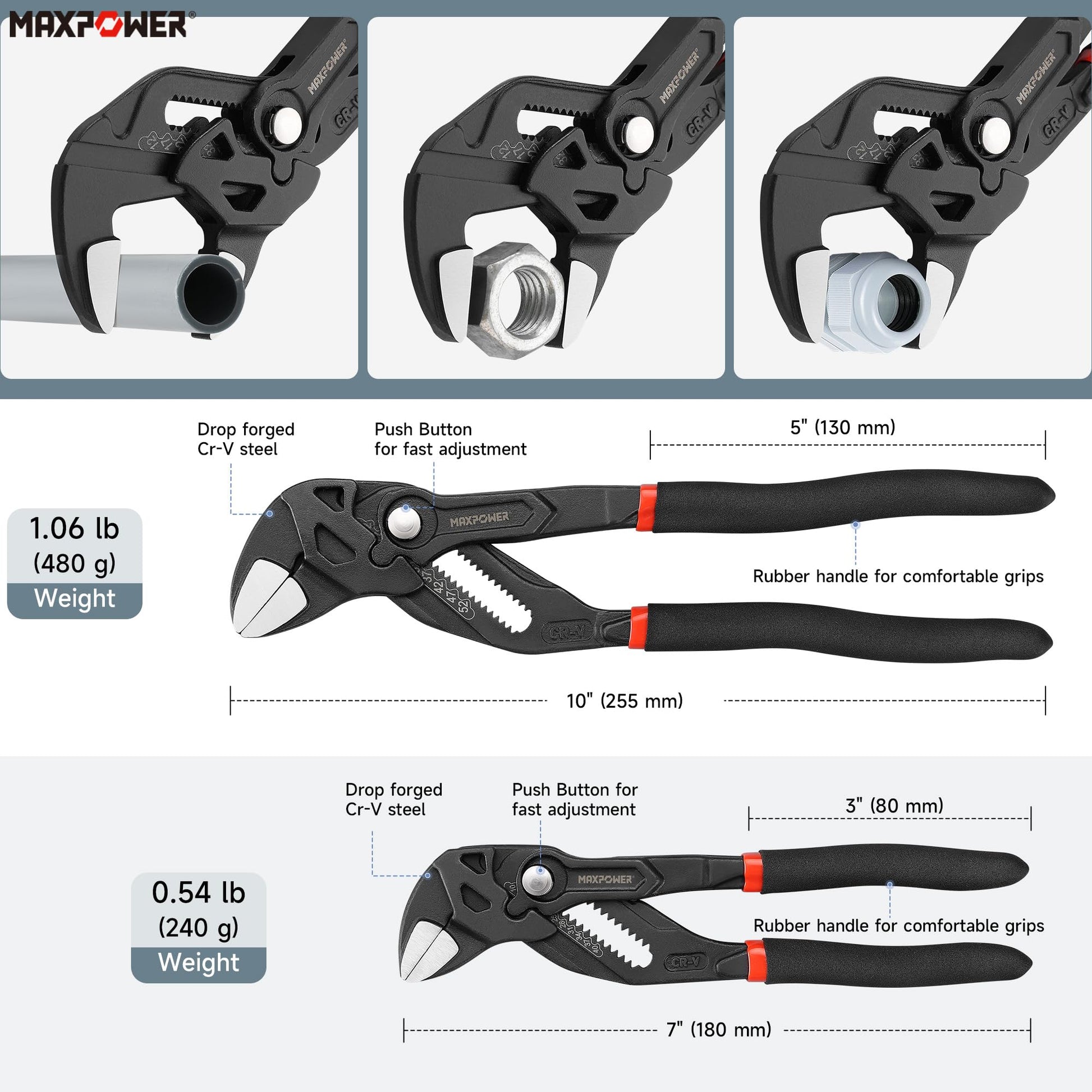 MAXPOWER - Llave de alicates de 2 piezas, 7 pulgadas, 10 pulgadas