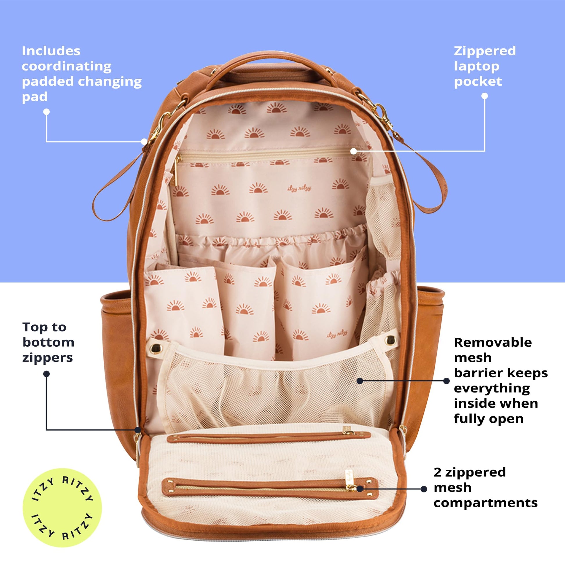Itzy Ritzy - Mochila para pañales – Mochila de gran capacidad Boss Plus para bebé con 19 bolsillos, cambiador, clips para carriola y correas cómodas (coñac)