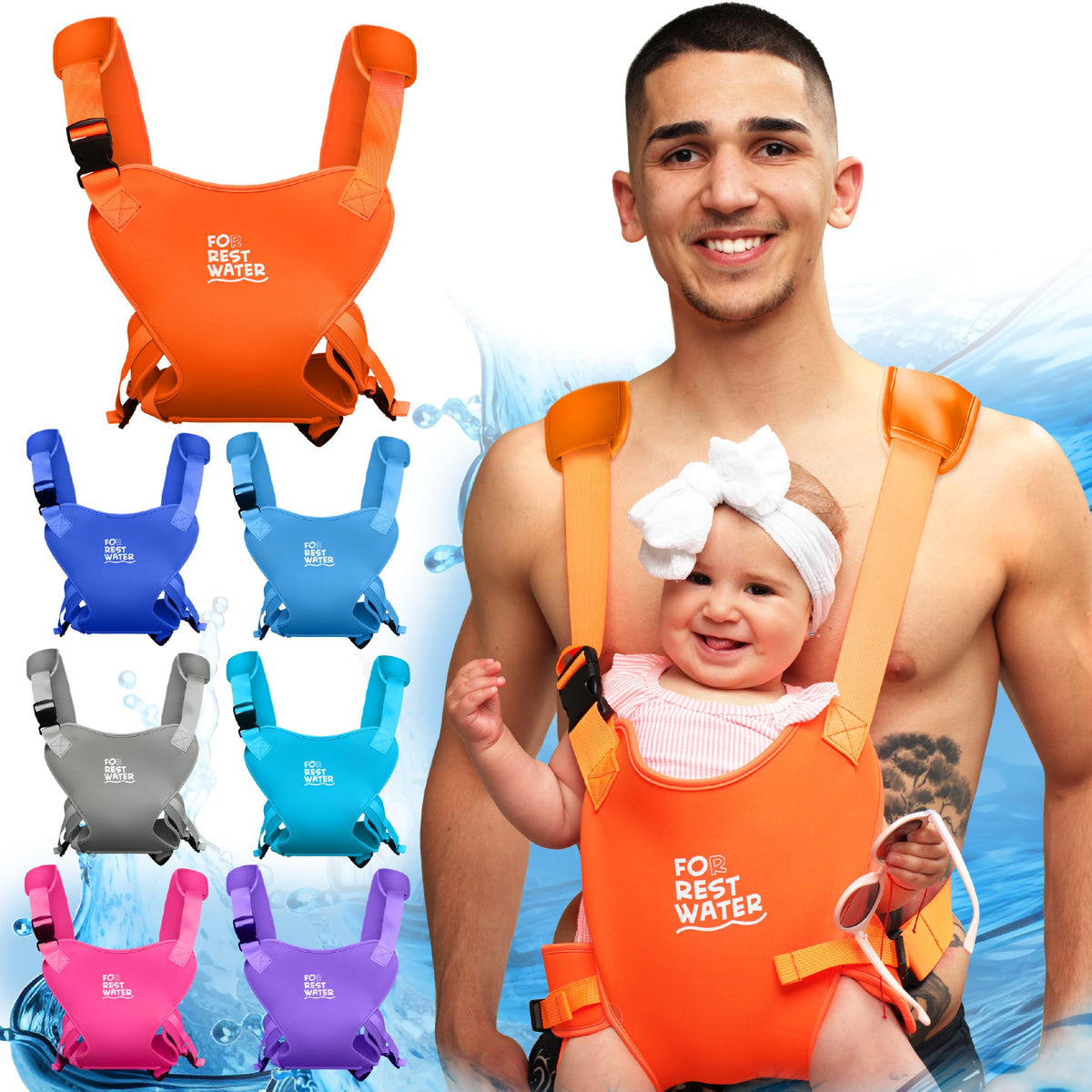 Portabebés para agua de descanso – Eslinga ergonómica de neopreno de alta calidad para diversión en agua y tierra cálida y segura (4-24 meses) – Arnés ajustable para bebés y niños pequeños (Orange)