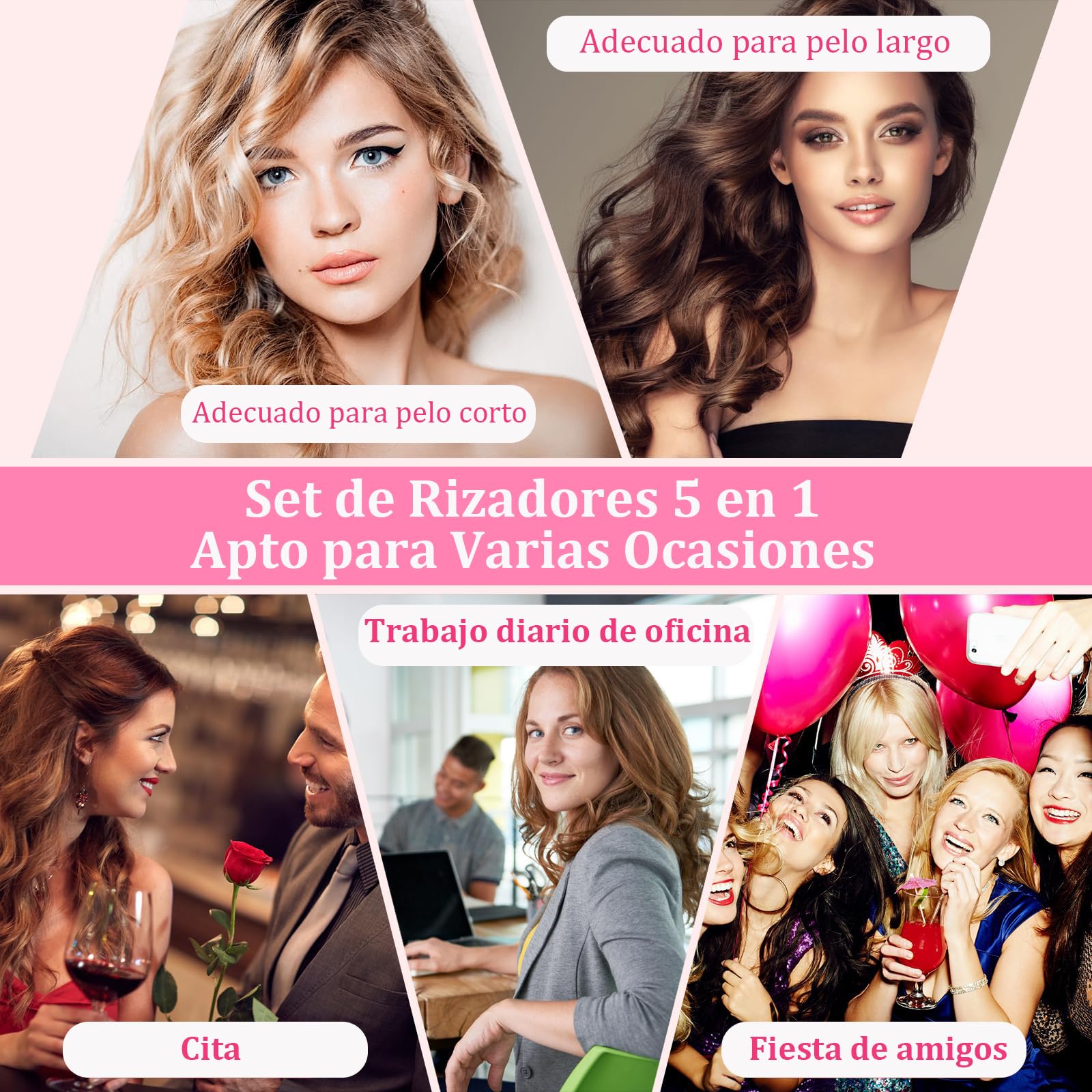 Rizador de Cabello 4 en 1 con Cepillo y Accesorios - Varillas de Cerámica Ajustables para Peinado Rápido y Fácil de Cabello Largo y Corto - Calentamiento Instantáneo - Herramientas Profesionales de Peinado