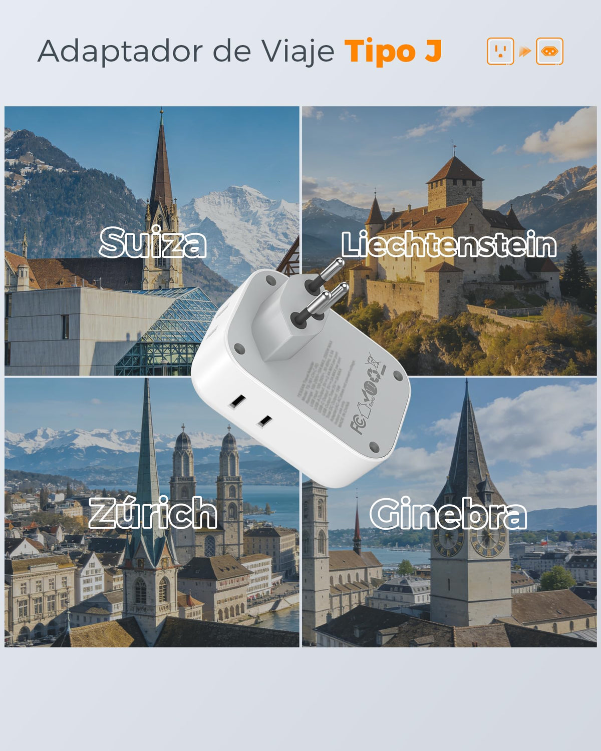 Adaptador de Viaje TESSAN Suiza con Enchufe Suizo 4 CA 3 USB