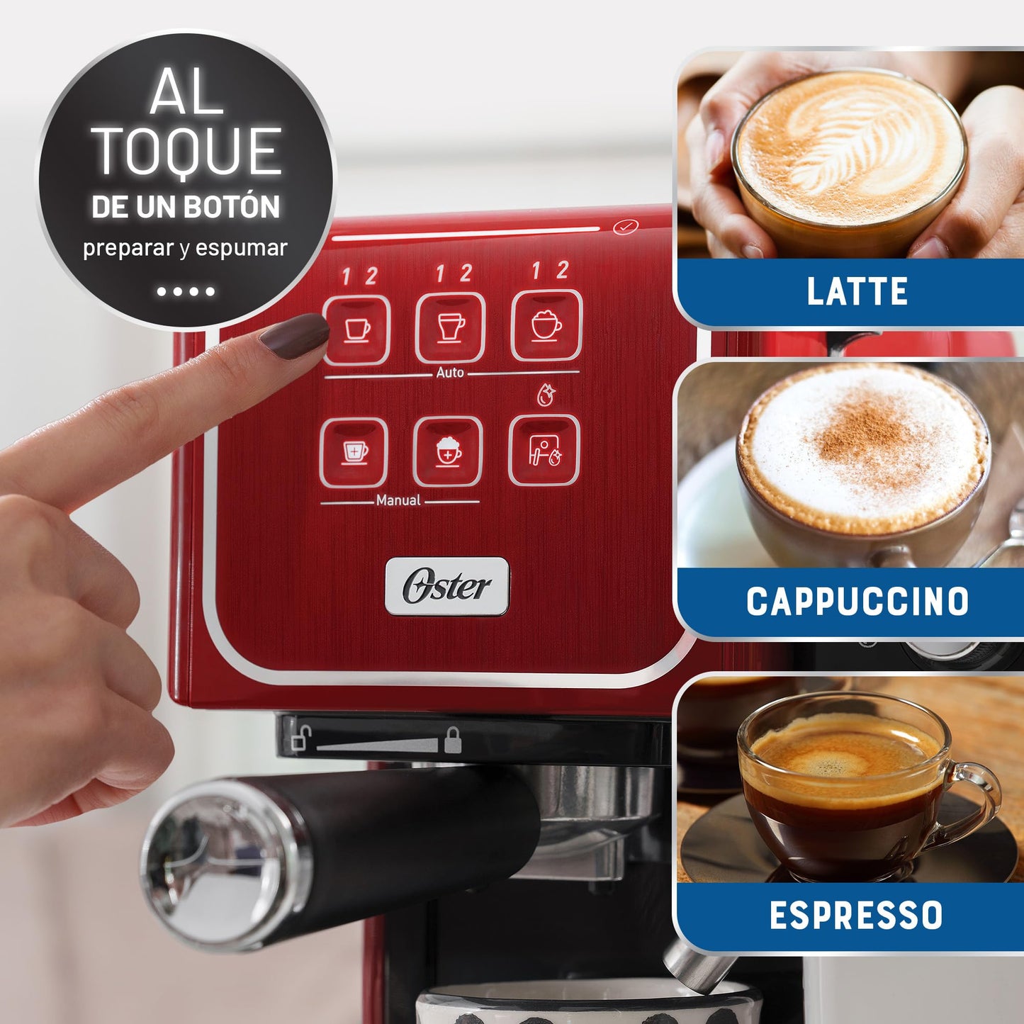 Cafetera Oster Roja con Panel Táctil y Funciones Automáticas para Espresso, Cappuccino y Latte