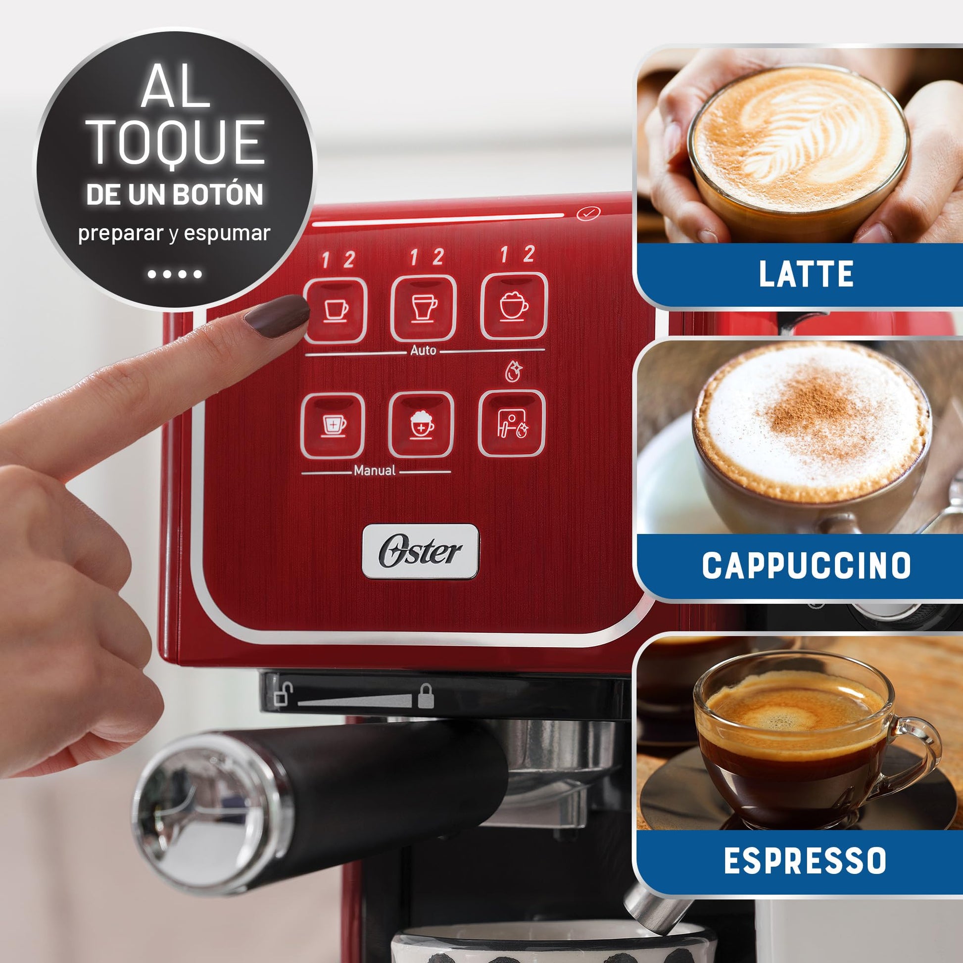 Cafetera Oster Roja con Panel Táctil y Funciones Automáticas para Espresso, Cappuccino y Latte