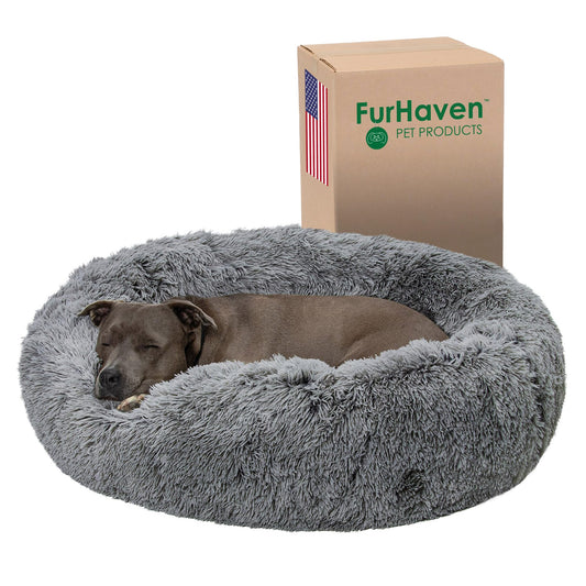 Furhaven 36" Round Large Donut Dog Bed Plush Long Faux Fur Calming Cuddler w/Removable Washable Cover - Gray, Large