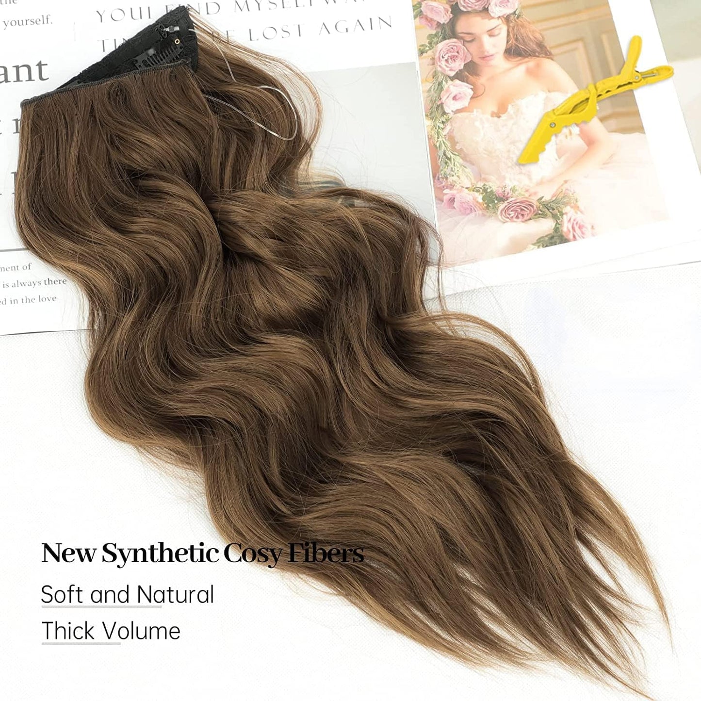 Extensiones de Cabello Natural Ondulado, Extensión de Liga, Extensiones de Cabello Ondulado, Extensiones Halo con Diadema Invisible, 3/4 Cabeza Completa Ondulada Extensiones Cabello con Clip Seguros Extraíbles, Tamaño Ajustable, Resistente al Calor Extraí